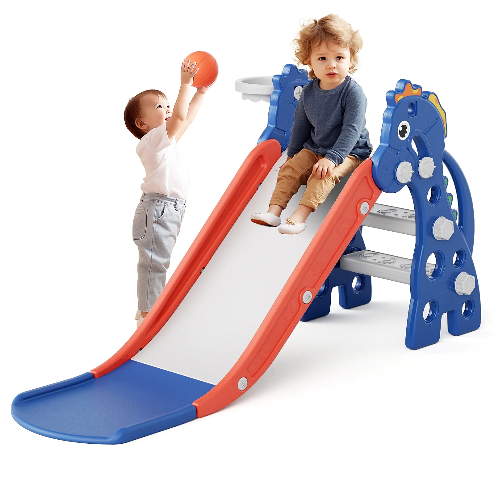 XJD Toddler Slide Indoor Slide for Toddlers Age 1-3 Slide for Kids, Outdoor Slide Baby Slide Plastic Slide Play Slide Basketball Hoop and Ball Foldable Slide, Blue
