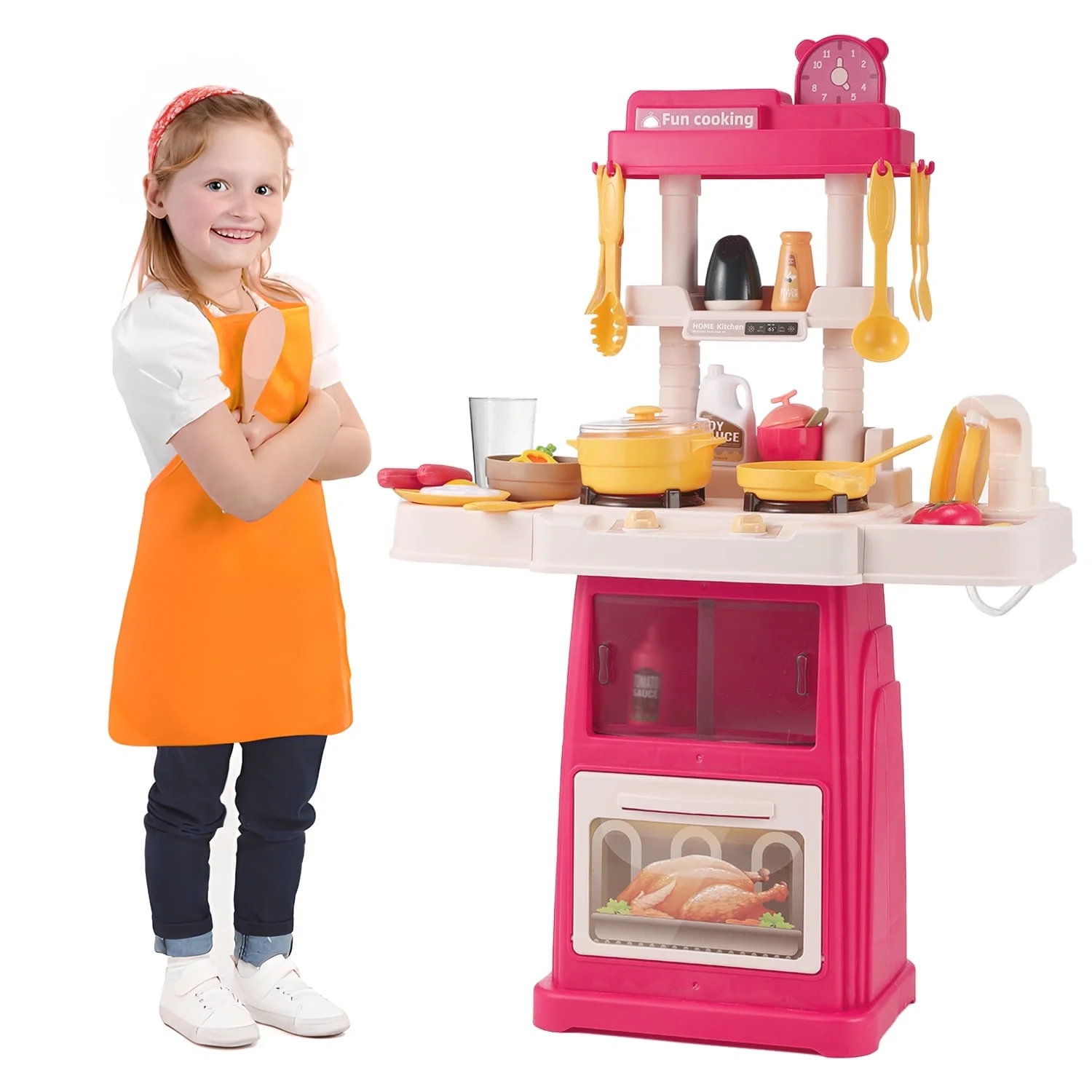 Zacro Play Kitchen Set for Kids, 48Pcs Kids Play Kitchen Toys with Realistic Lights & Sounds, Simulation of Play Sink, Toy Kitchen Set for Toddlers Girls Boys Gift, Pink