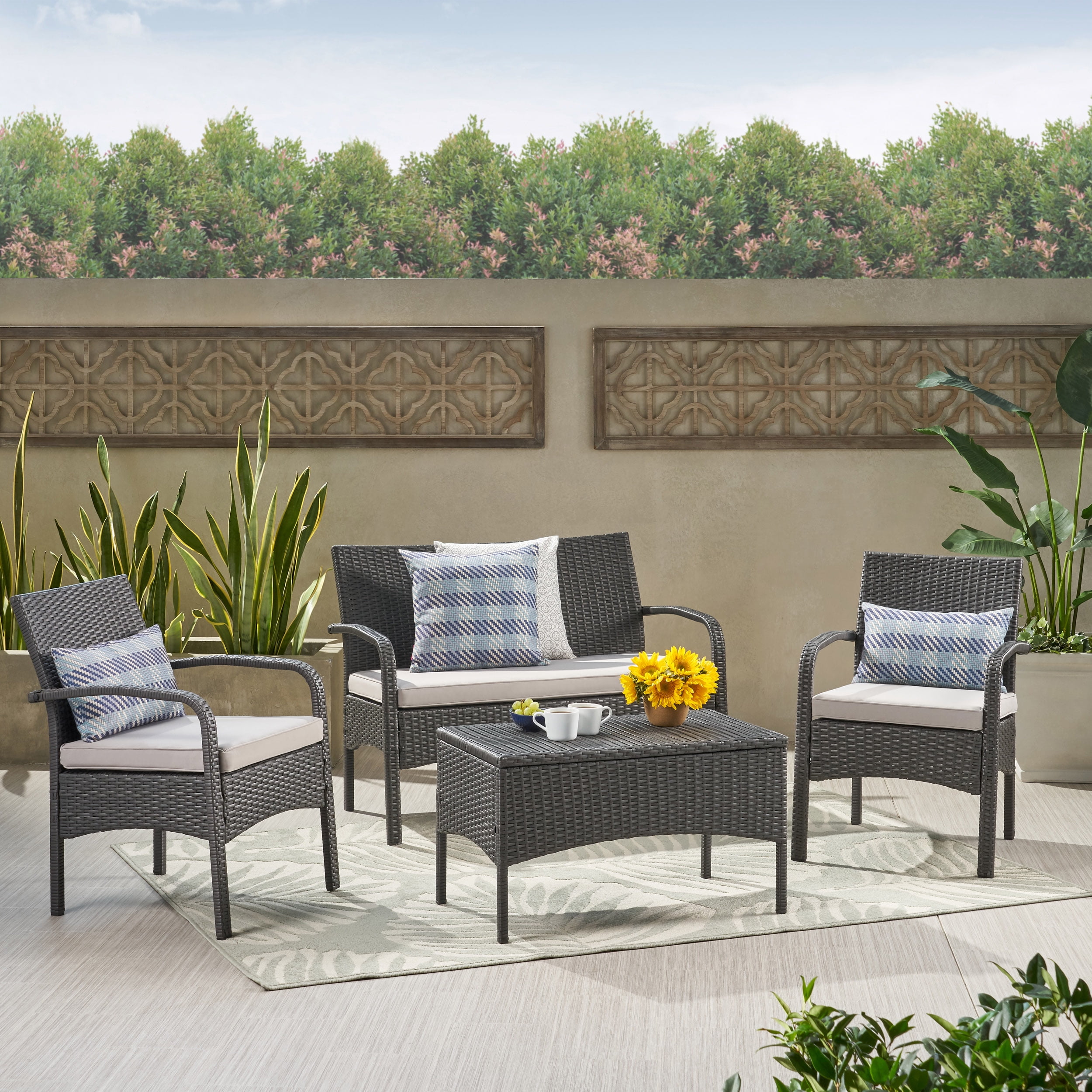 Zanoah Outdoor 4 Piece Wicker Chat Set with Water Resistant Cushions, Grey, Silver