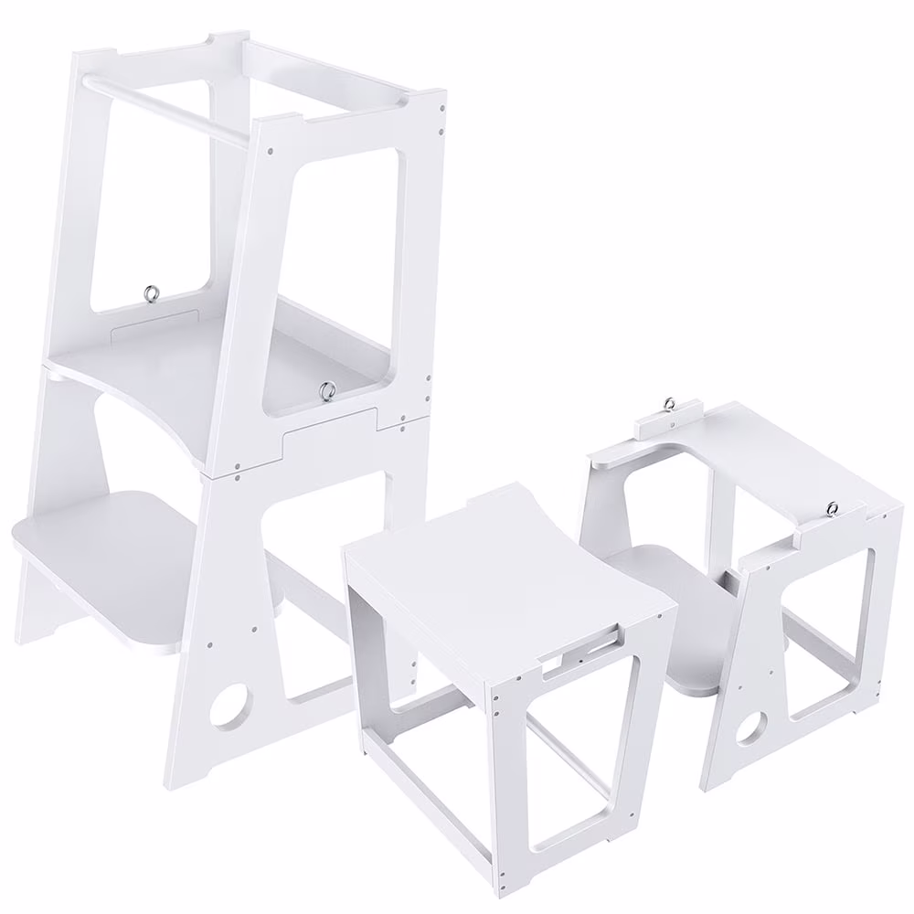 Zzbiqs Kids Kitchen Step Stool with Safety Rail, 2 in 1 Convertible Wooden Toddler Learning Stool Helper Standing Tower for Kitchen Counter, Bathroom, Toilet , White