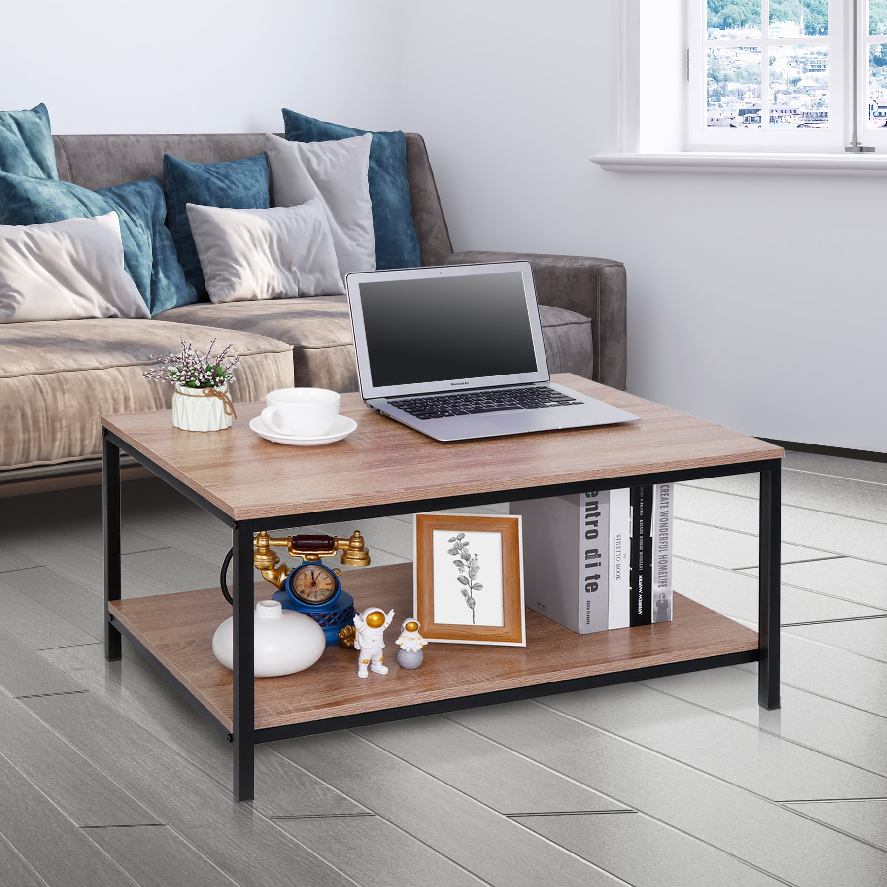 ZENY Rectangle Wood Coffee Table Metal Frame MDF Home Tea Table Desk Rustic Burlywood