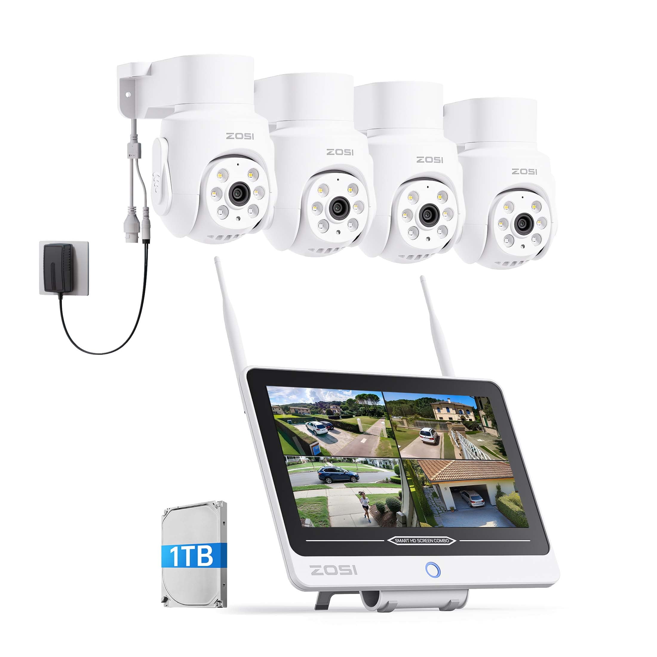 5MP 355° WiFi Security Camera System with 12" LCD Monitor, ZOSI 8CH All in one WiFi Security System with 1TB HDD, 3MP Outdoor WiFi Camera with 2 way Audio, AI Human Detection, 100ft Night Vision