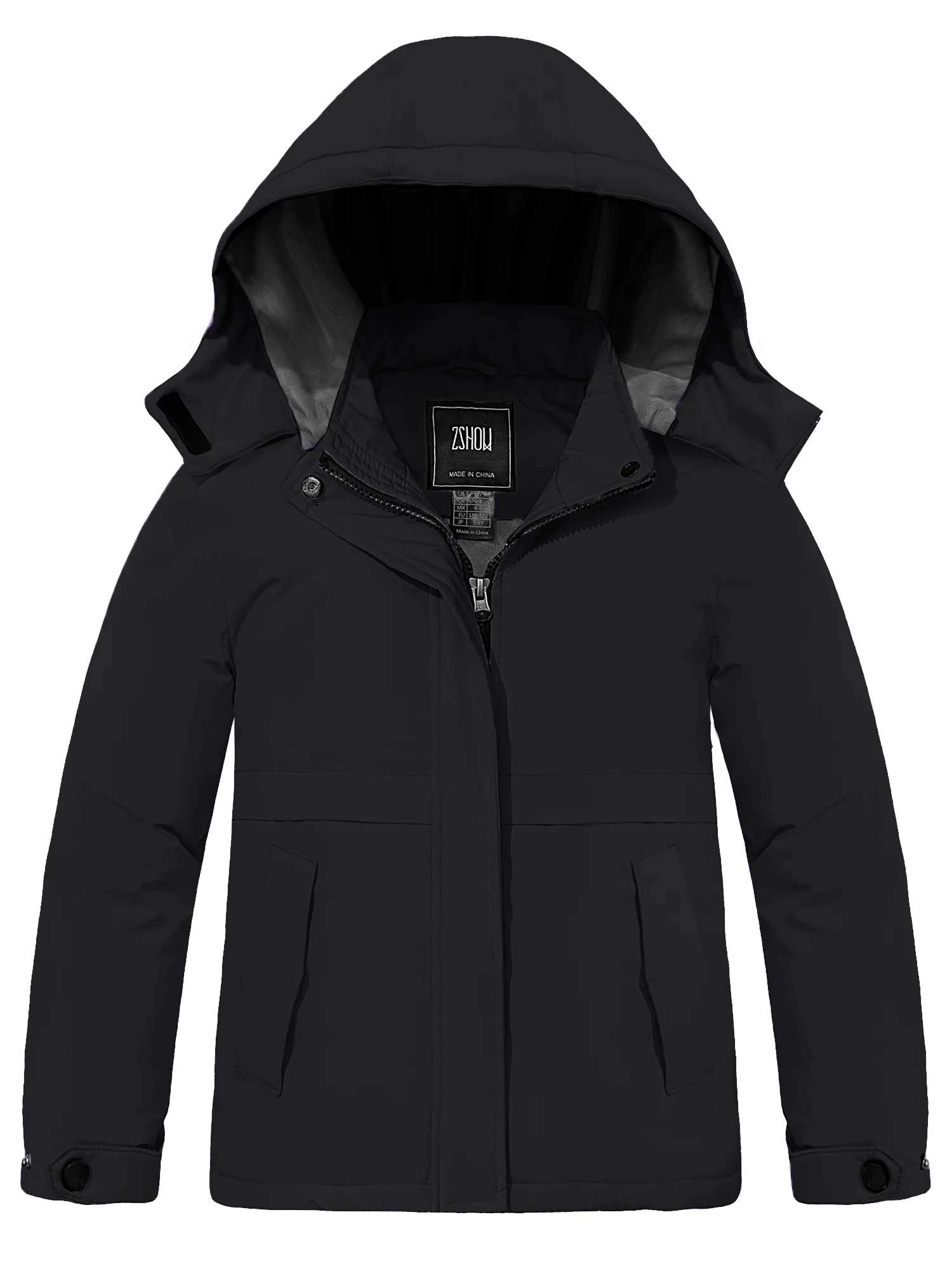 ZSHOW Girl's Rain Coat Waterproof Ski Jacket Windproof Winter Hooded Raincoat Black 10/12