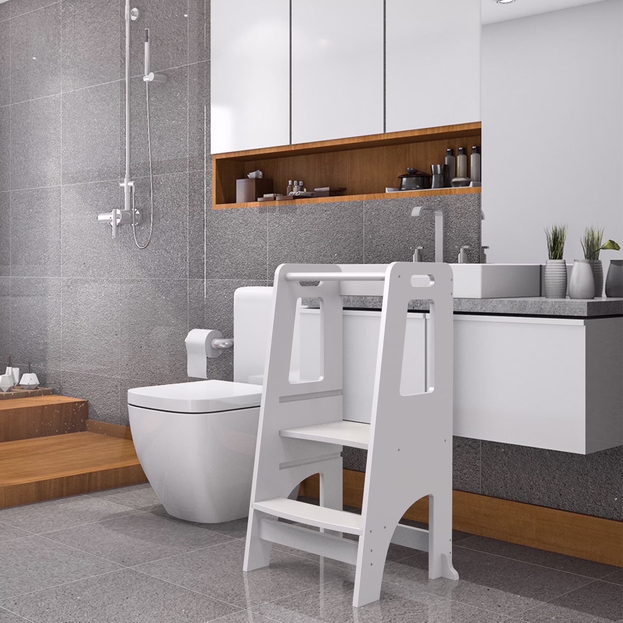 ZZBIQS Wooden Cooking Step Stool for Kids,Adjustable Height,Kids Step Ladder Stool Safety Bar Helper,White