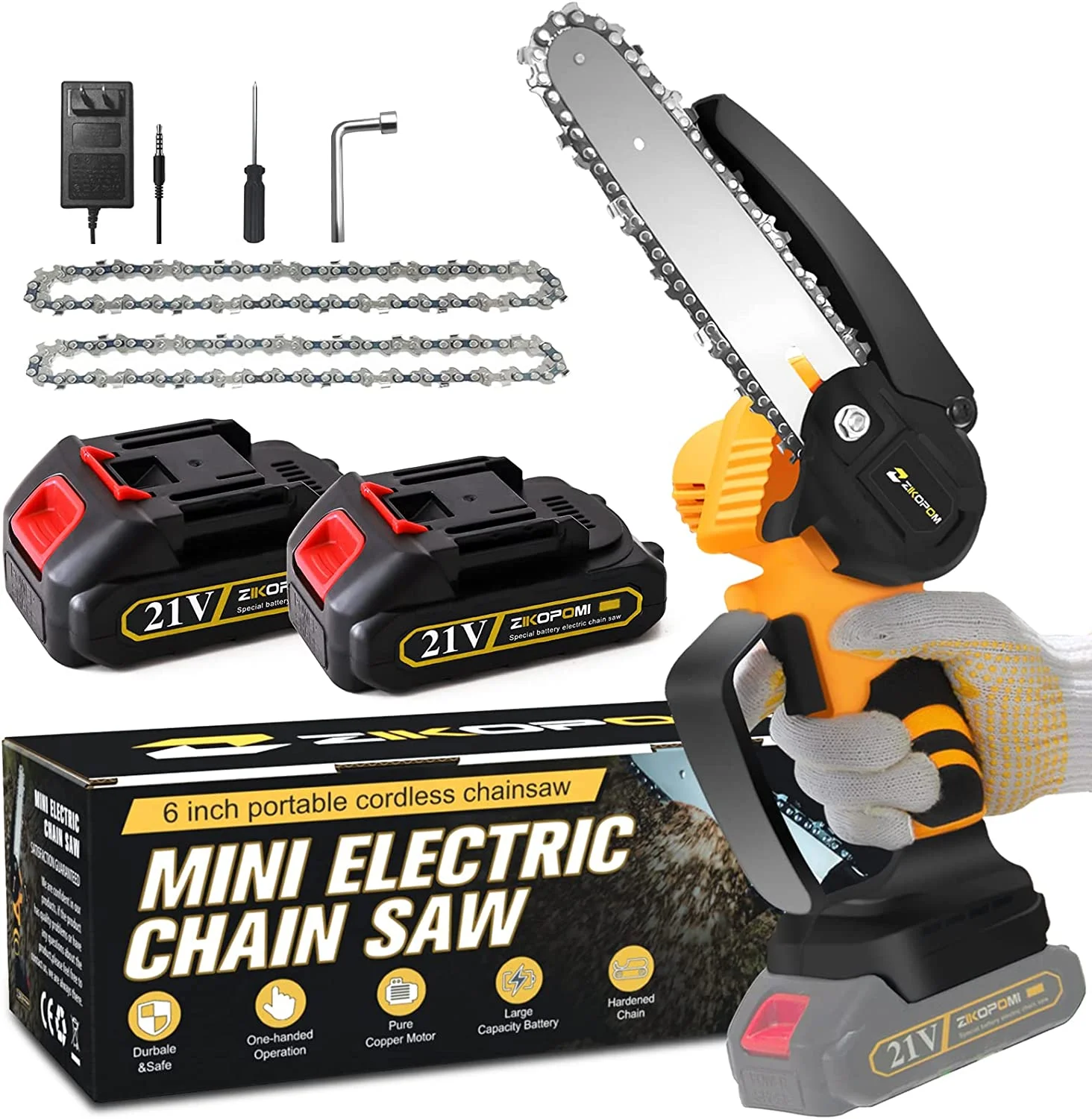 Zikopomi Mini Chainsaw 6 inch 21V Battery Powered Electric Chainsaw, Lightweight, Safety Lock