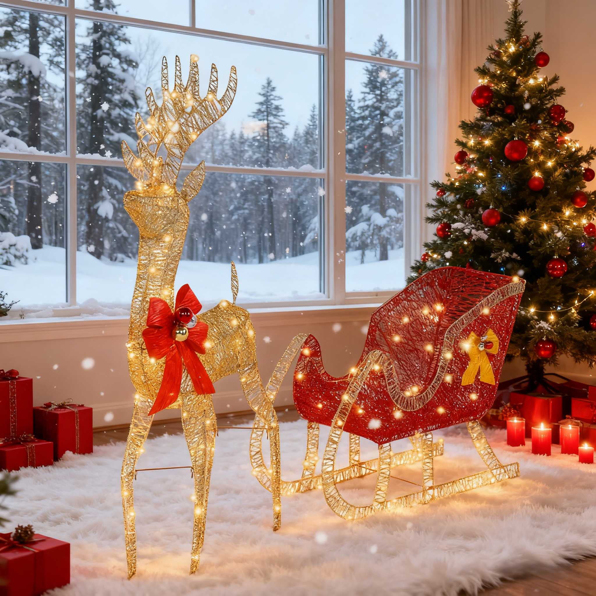 Zimtown Christmas Reindeer Set Outdoor Yard Decoration 4ft Reindeer & Sleigh LED Lights - Golden