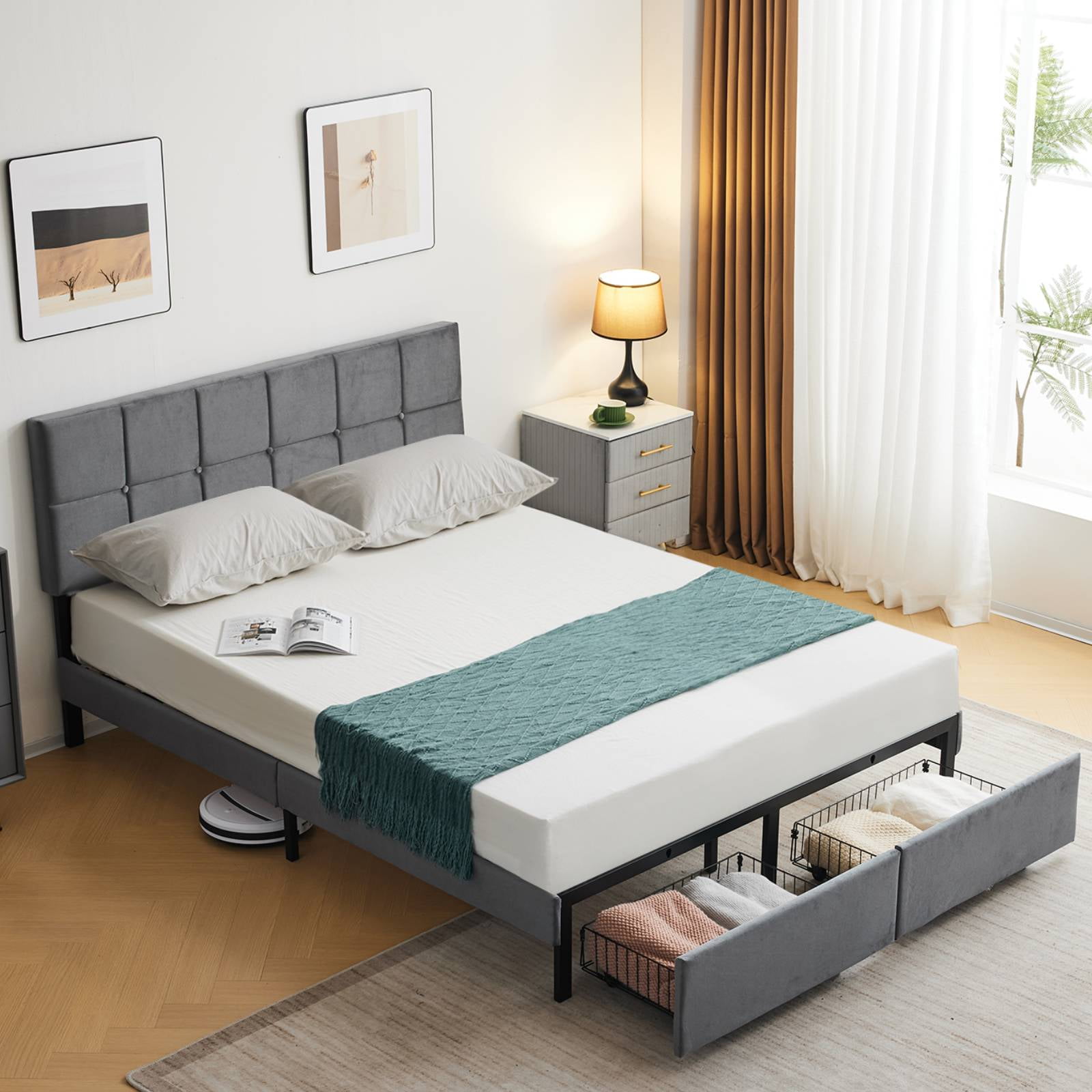 Zimtown Full Size Platform Bed Frame with 2 Drawers, Fabric Upholstered Headboard, No Box Spring Needed, Gray