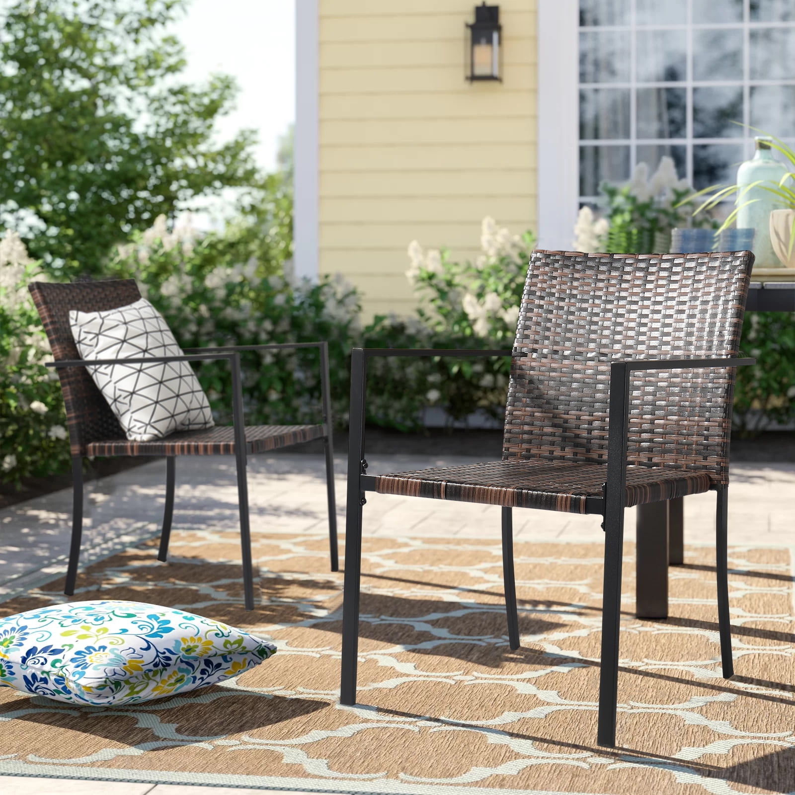 Zimtown 2 Pack Wicker Dining Chairs, Wicker Stackble Chair for Outdoor and Indoor, All Weather Chairs with Armrest and Backrest, Sturdy Iron Frame,Brown