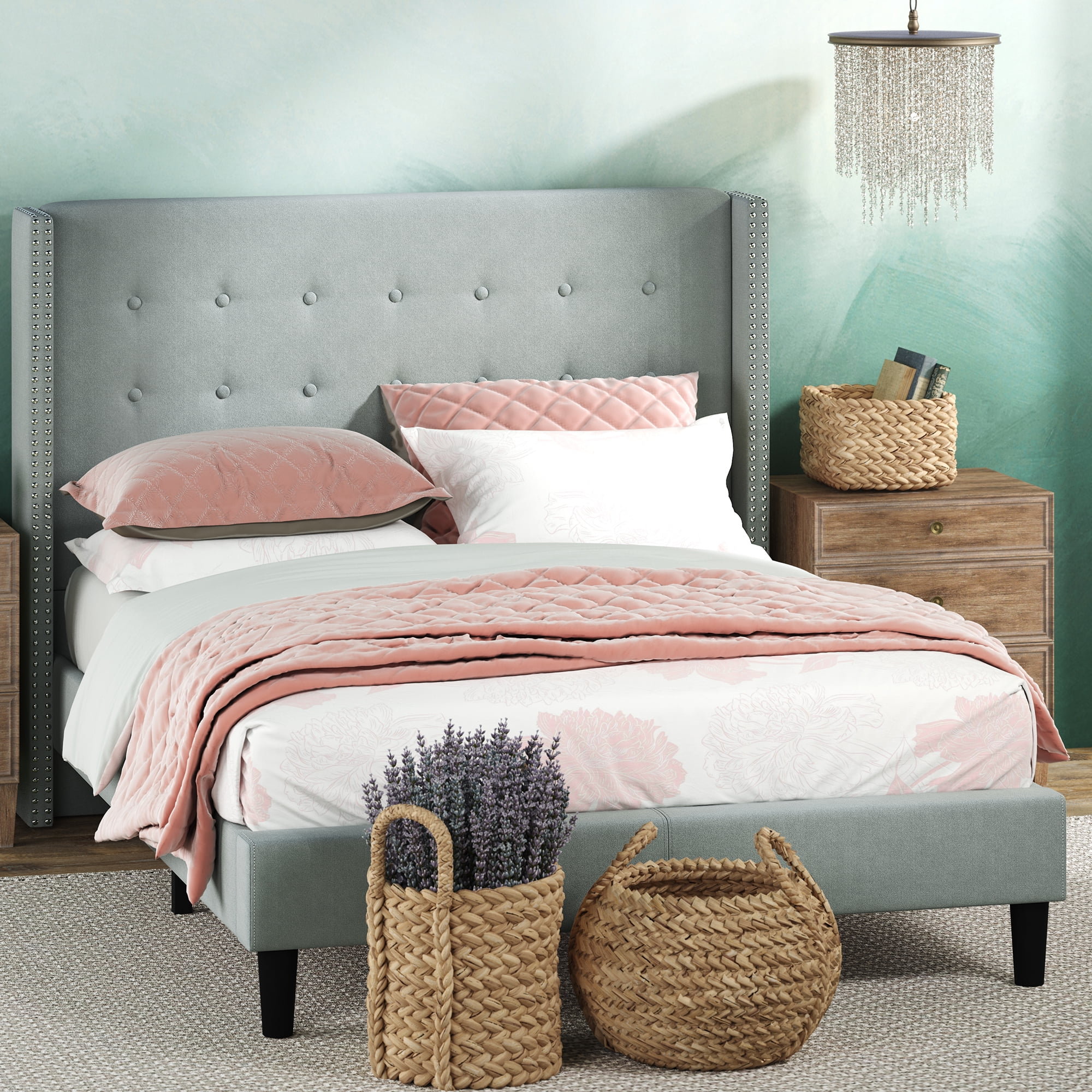 Zinus Kendra 51" Upholstered Platform Bed Frame, Sage Grey, Queen