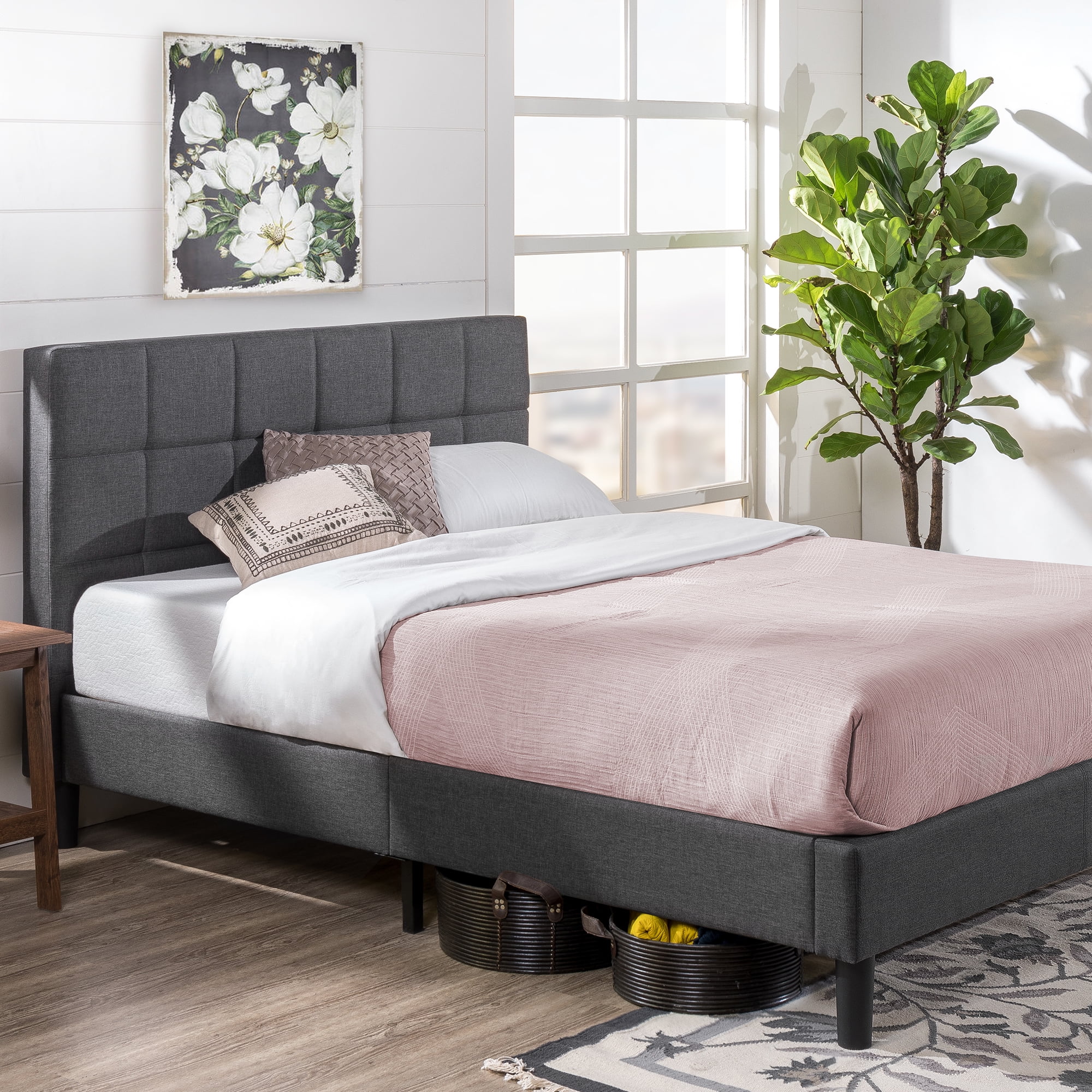 Zinus Lottie 43" Gray Upholstered Platform Bed Frame, Queen