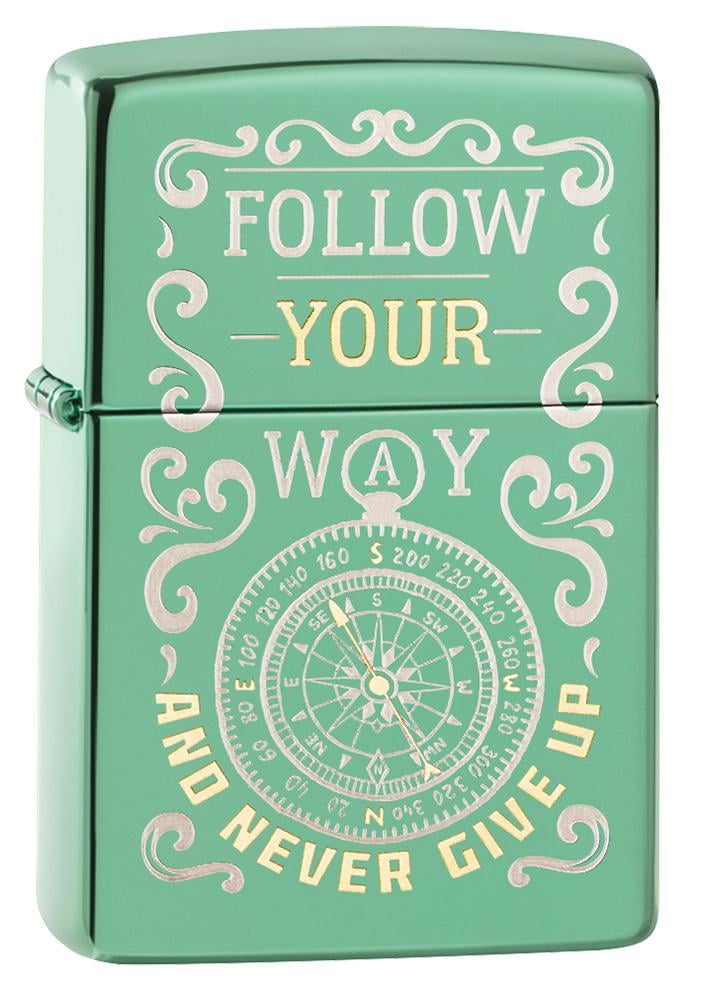 Zippo Follow Your Way Compass Design High Polish Green Pocket Lighter