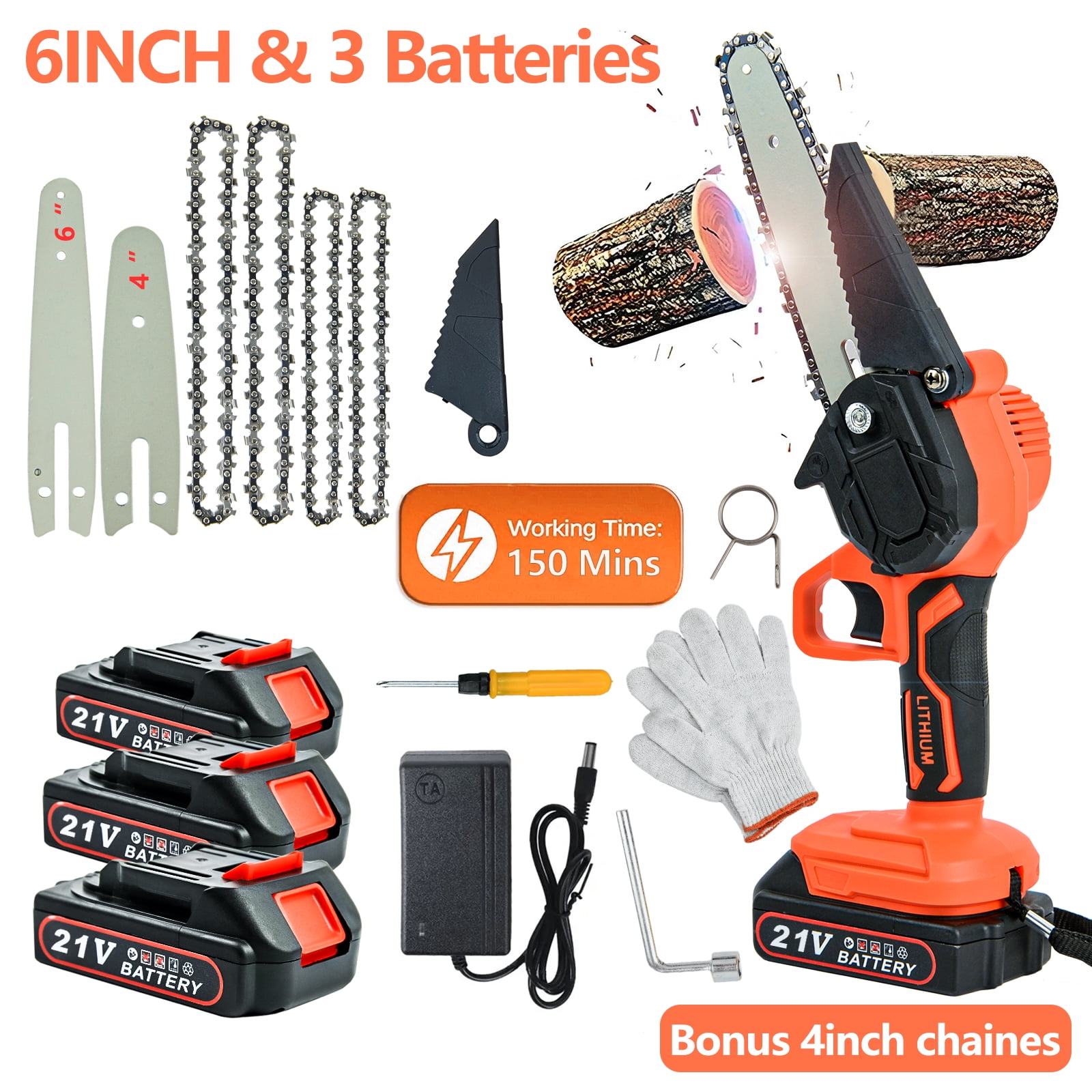 Ziss 4-Inch+6-Inch Mini Chainsaw Kit with 3 Rechargeable Batteries, Portable Electric Cordless Handheld Chain Saw for Tree Branches, Courtyard, Household and Garden