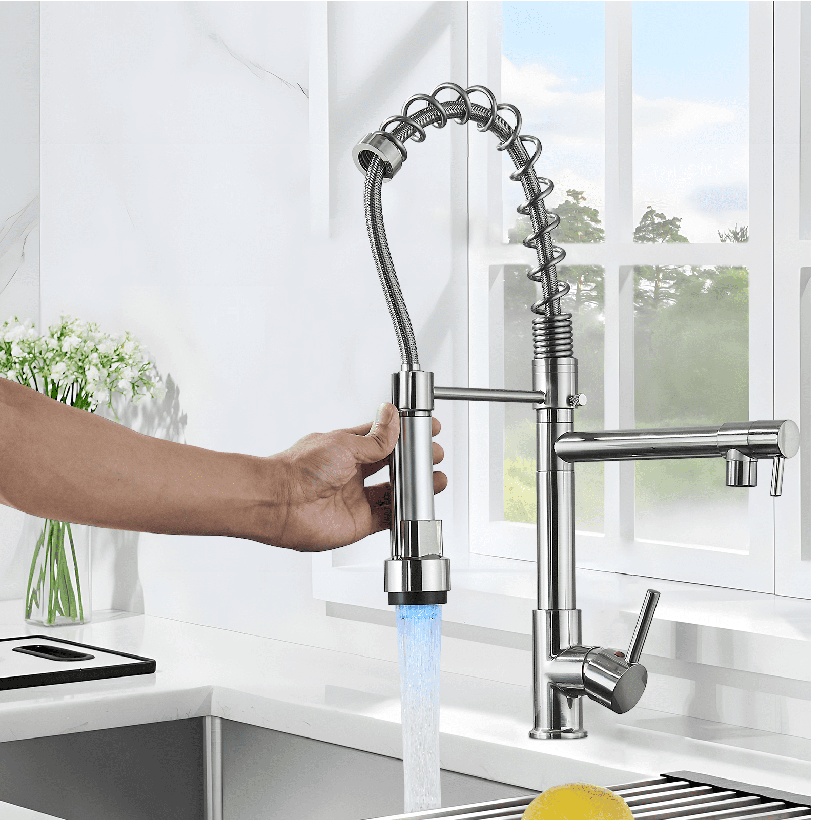 Zovajonia Brushed Nickel LED Pull Down Sprayer Kitchen Sink Faucet Swivel Spout Mixer Tap