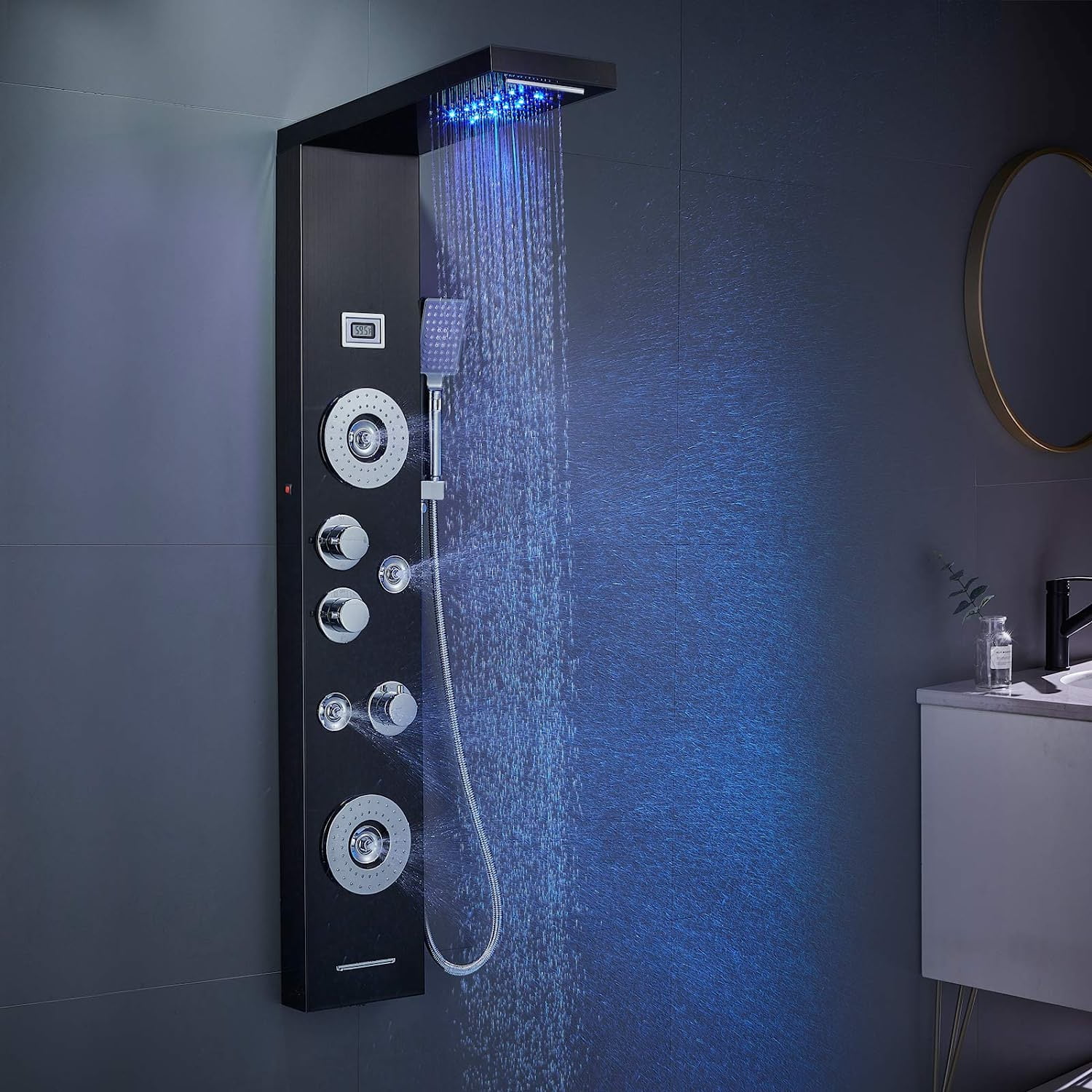 Zovajonia LED Shower Panel Tower System, Multi-Functions Shower Tower, Waterfall Showerhead, Shower Jets, Stainless Steel Rain Shower System Oil Rubbed Bronze