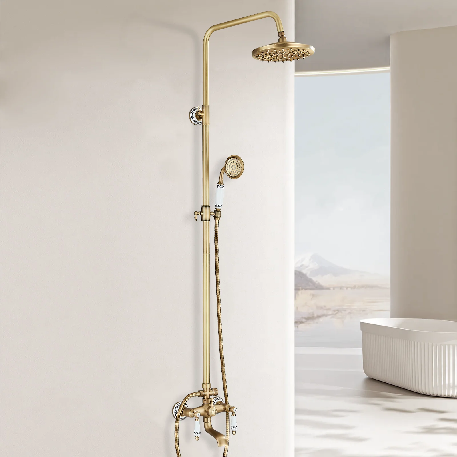 Zovajonia Shower Fixture Antique Brass 8"Rainfall Shower Faucet System Set Mixer Fixture Exposed Tap