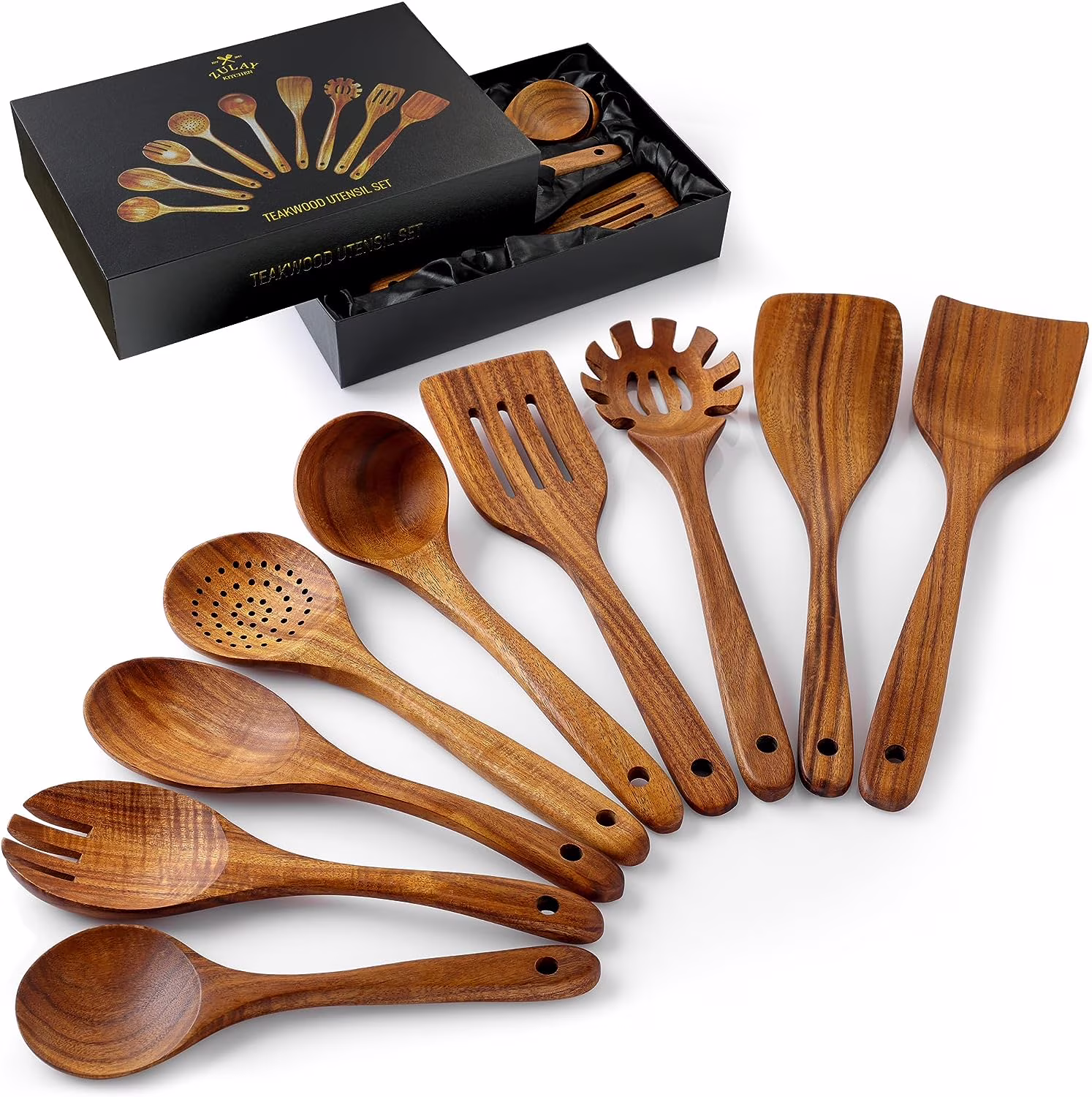 Zulay Kitchen Premium 9 Piece Teak Wooden Utensils - Smooth Finish Natural Teak Wood Cooking Utensil Set with Premium Gift Box