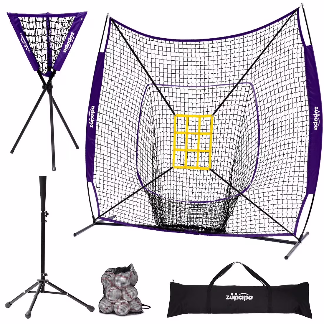 Zupapa 7 Ft. x7 Ft. DLX Baseball Protective Screens Softball Practice Net Tee Caddy 12 Pack Baseballs