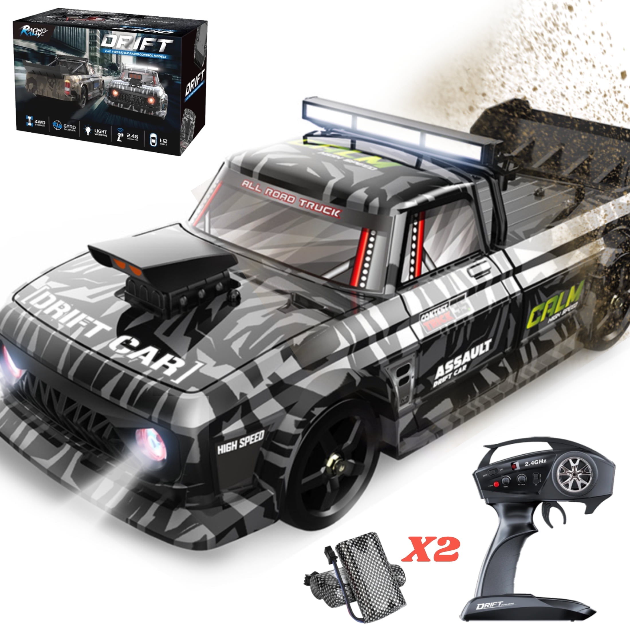 1:12 Remote Control Car Drift RC with Gyro for Adults, 2.4G 4WD 21MPH High Speed Drifting RC Car Proportional Throttle RC Cars with 2 Batteries Birthday Gifts for Boys