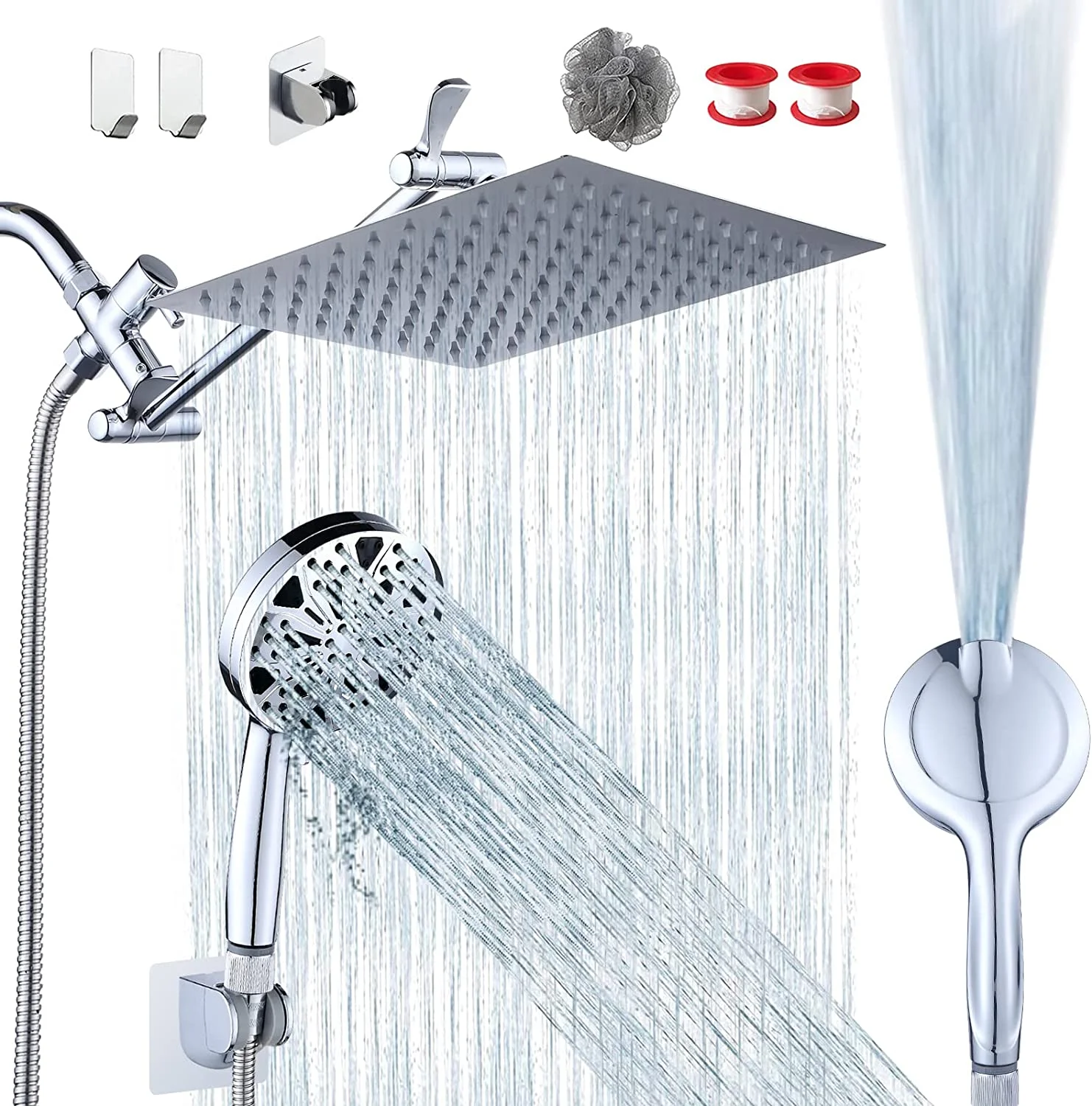 10''Rainfall Shower Head with Handheld Combo High Pressure 8+2 MODE built-in power wash, Stainless Steel with Chrome Showerhead with 11'' Extension Arm Height/Angle Adjustable with Holder&60"Hose