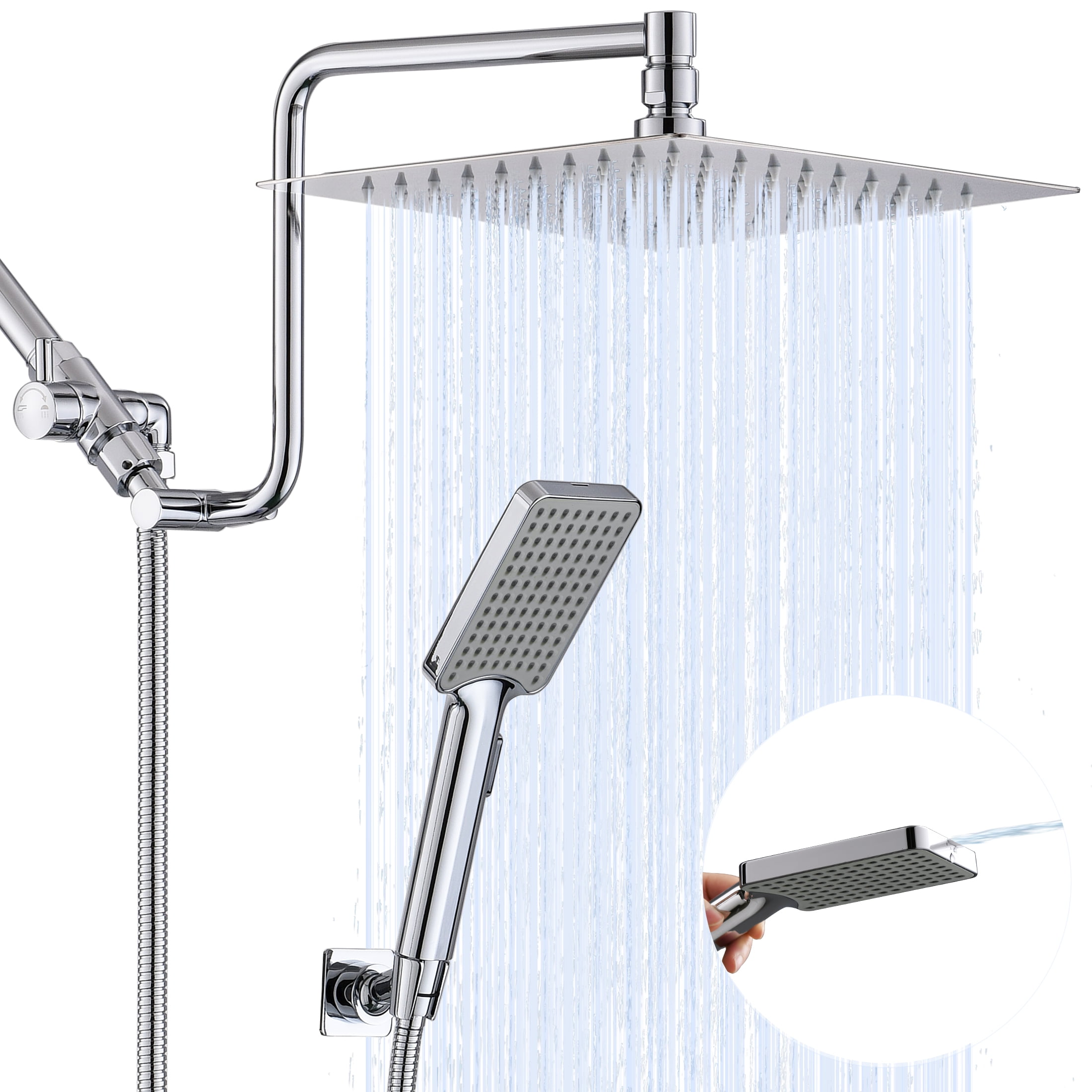 10" Rainfall Shower Head with Handheld Combo, Upgrade 12" Extension Arm Height Adjustable, Powerful Stainless Steel Shower Head High Pressure, Brass Shower Holder Extra Long Shower Hose, Chrome