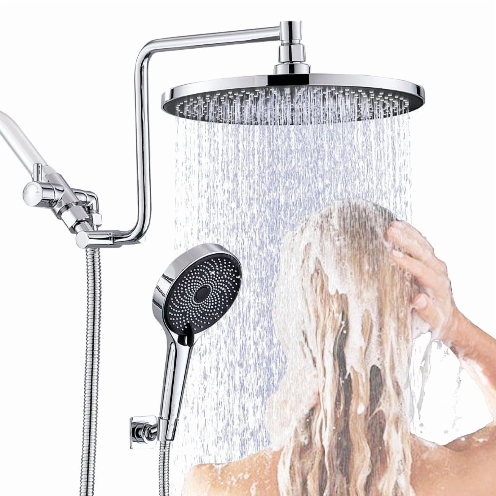 10" Rainfall Shower Head with Handheld Combo, Upgrade 12" Extension Arm Height Adjustable, 3-Way Powerful Shower Head with Hand Shower, Brass Shower Holder Long Shower Hose, Chrome