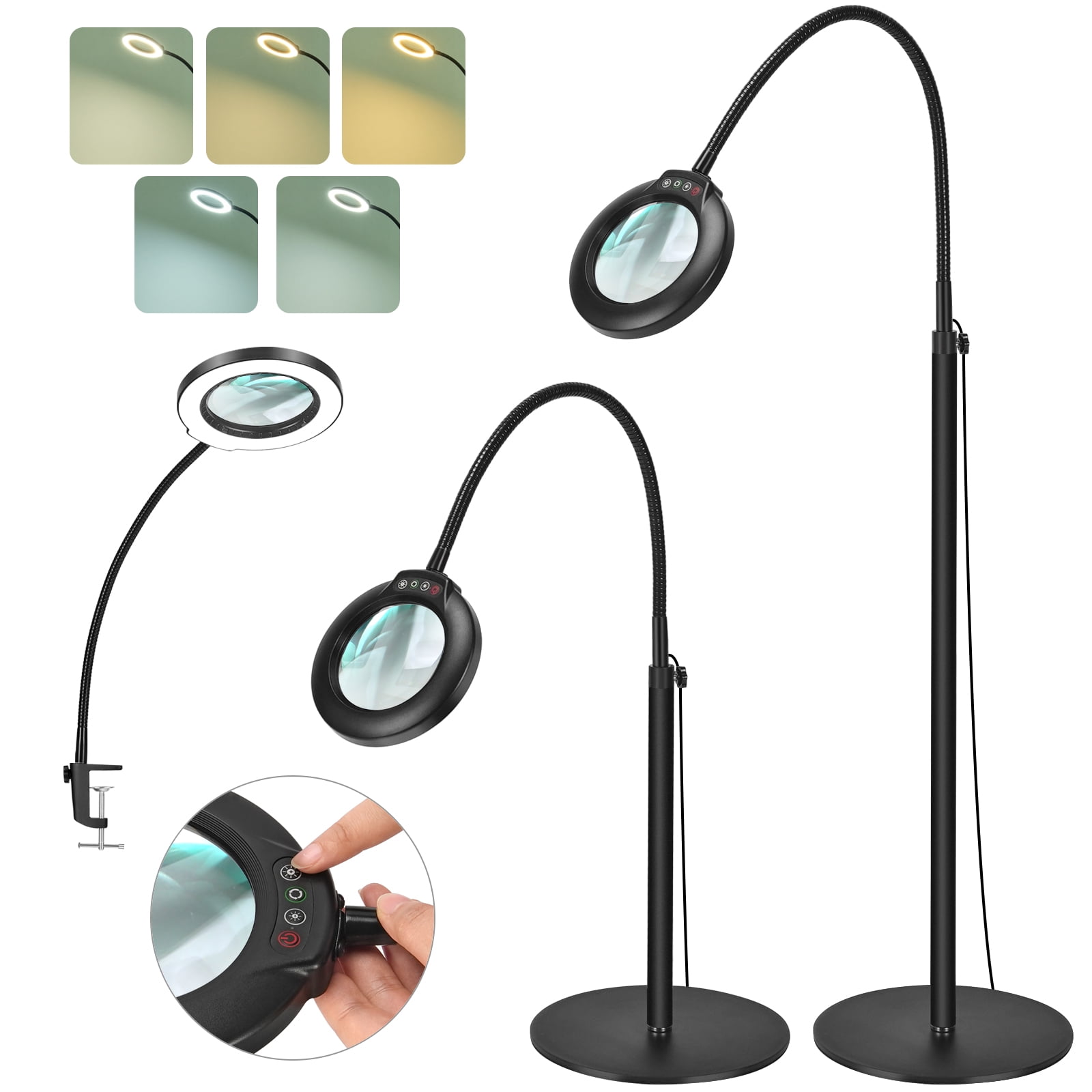 10X Magnifying Glass with Light and Stand, 24" Flexible Gooseneck Magnifying Floor Lamp, 3-in-1 LED 5 Color Modes Stepless Dimmable Lighted Magnifier Hands Free for Close Work, Hobby, Esthetica