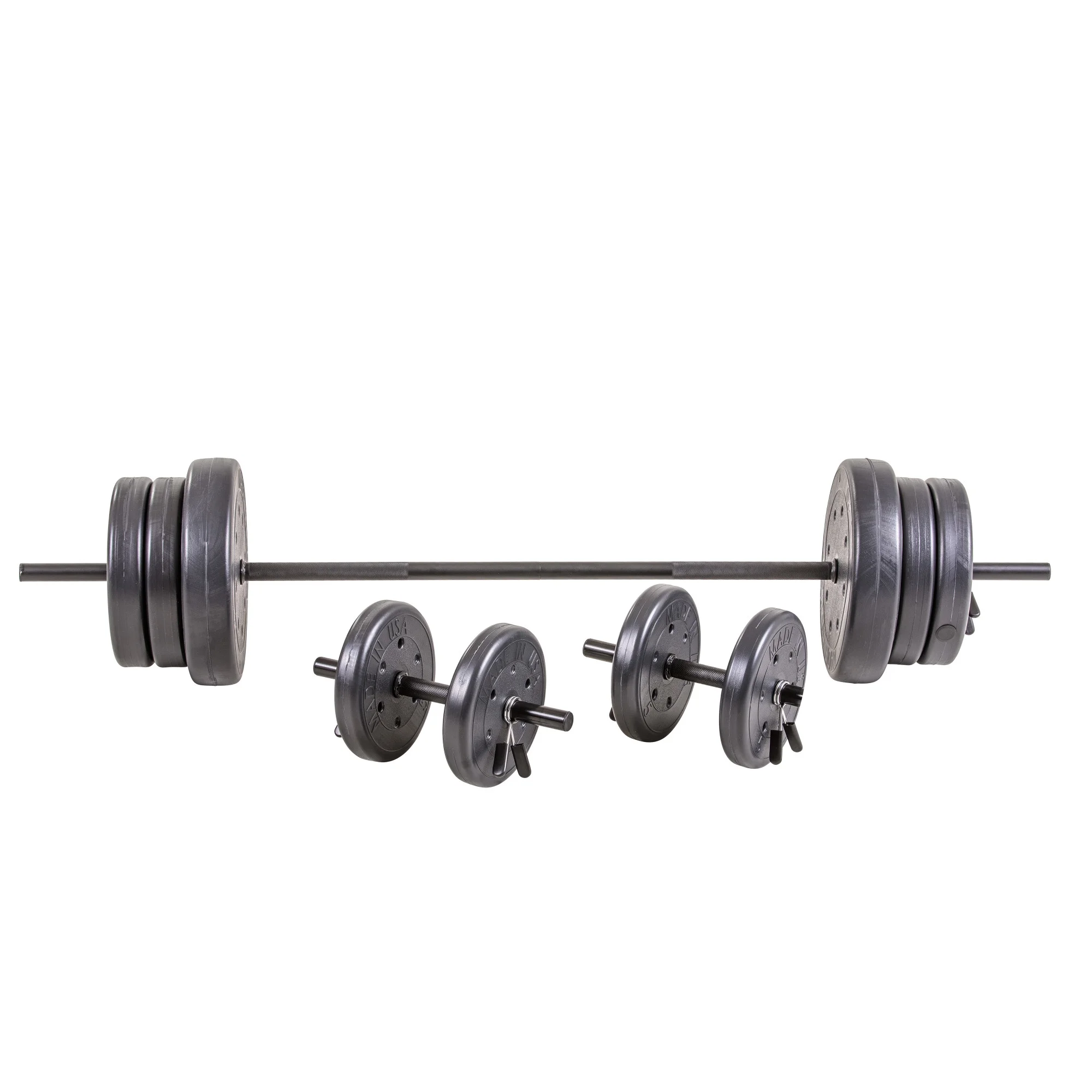 105 lb Barbell and Dumbell Weight Set Featuring Two 20 lb., Four 10 lb. and Four 5 lb. Weights, Two Dumbbell Bars & Full 6-foot Length Bar