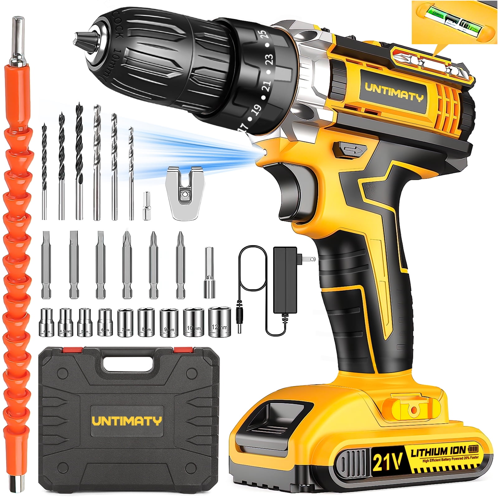 UNTIMATY 21V Cordless Power Drill Set with Battery and Charger, Electric Drill Driver Kit with Drill/Driver Bits and Work Light, 3/8" Keyless Chuck, 2-Speed 25+3 Position, Yellow