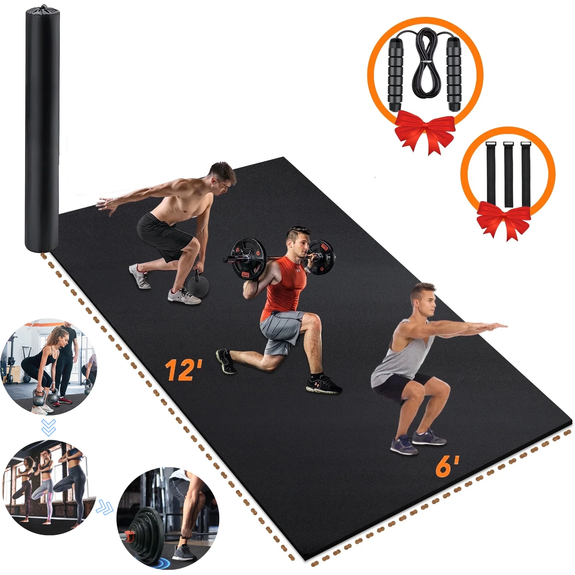 12'x6' Black Gym Mat, Thick Large Exercise Yoga Mat for Men and Women Aerobics, Skipping Rope, Gym Equipment - Perfect for Home and Gym Workouts