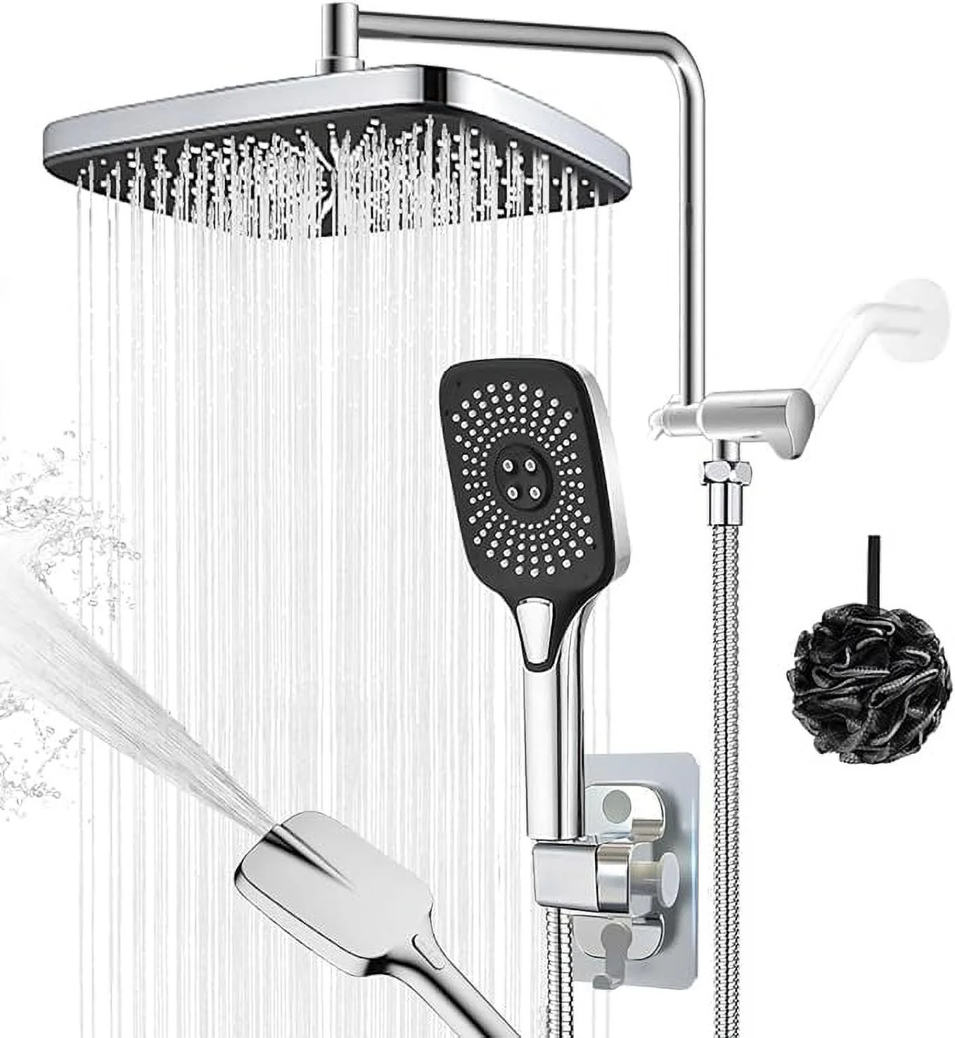 12" Rain Shower Head with Handheld Spray 4 Settings High Pressure Shower Head Rainfall Showerhead with Handheld Sprayer + 12" Shower Head Extension Arm,79" Shower Hose, 12" x 8" Rectangle Shower Heads