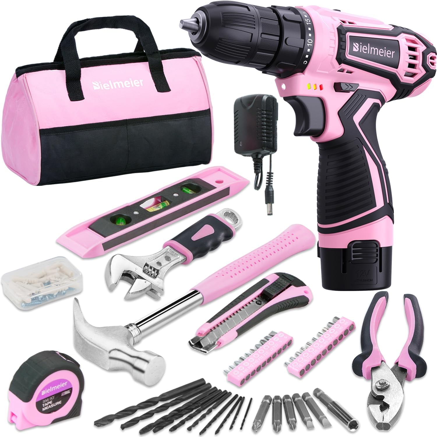 12V Pink Cordless Drill Kit for Women - Essential Tools for DIY and House Projects, Ladies Tool Set with Pink Accessories,
