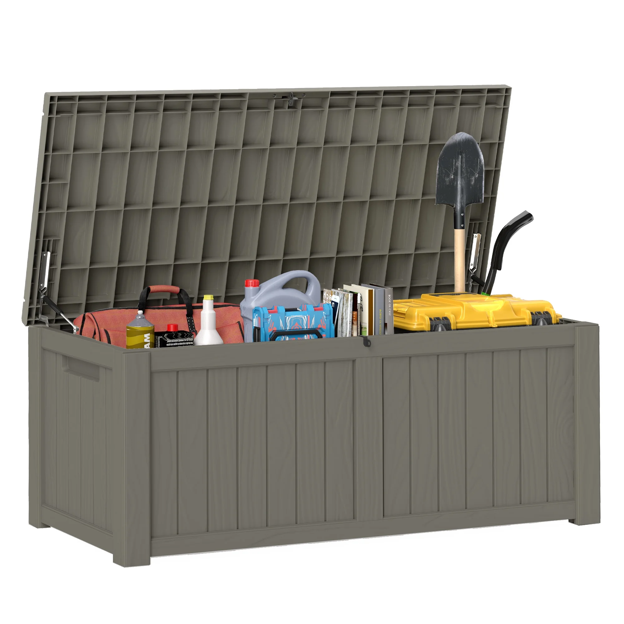 120-Gallon Light Brown Outdoor Storage Box - Weather-Resistant Resin Bin for Toys, Tools, and Blankets with Extra Seating and Easy-Move Handles