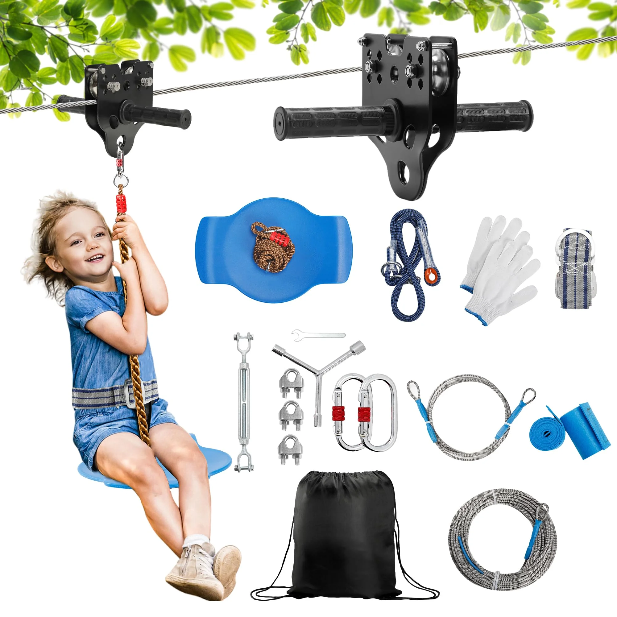 120FT Zip Lines for Kids and Adults with Rust Proof W/Safety Harness,Stainless Steel Zip Wire Toy for Backyard Outdoor Play Equipment up to 350 Lbs