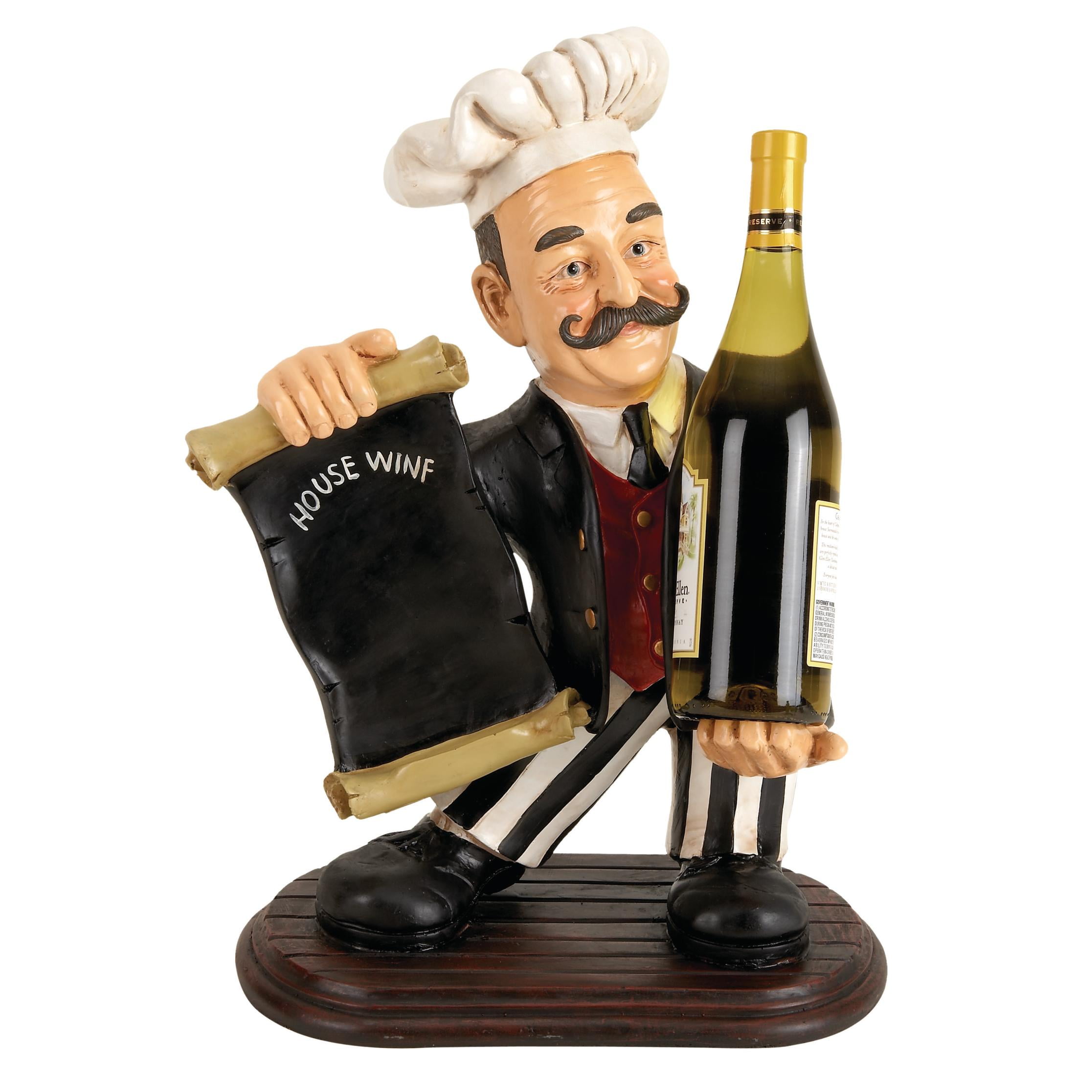 13" x 20" Black Polystone Chef Sculpture with Chalkboard and Wine Holder Slot, by DecMode
