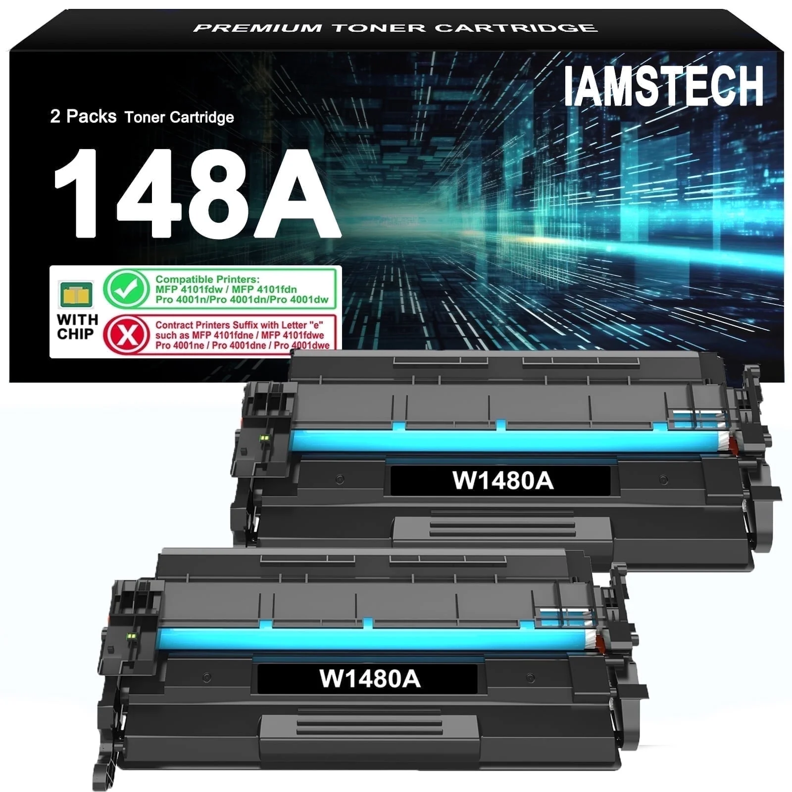 148A 148X with Chip Toner Cartridge Compatible for HP W1480A 148A for Laserjet Pro MFP 4101fdw 4001dn 4001n 4001dw 4101fdn ( 2-Pack Black )