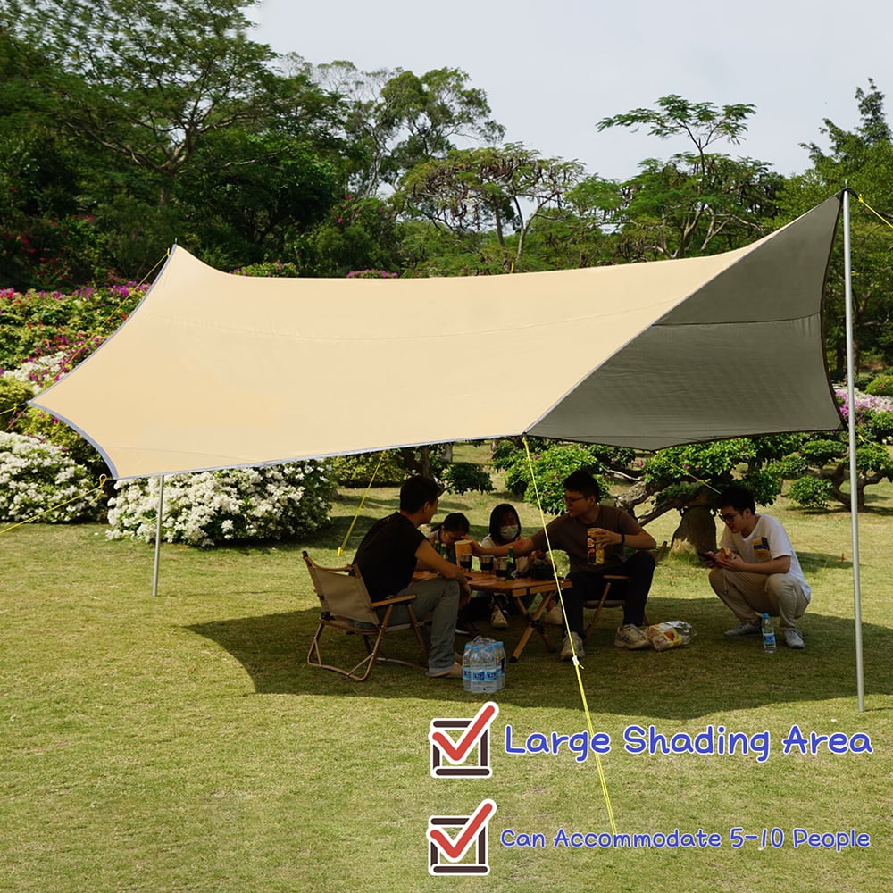 16x16ft Large Camping Tarp Waterproof Shade Awning Tent Sunshade Khaki Camping Sun Shelters (Without Pole)