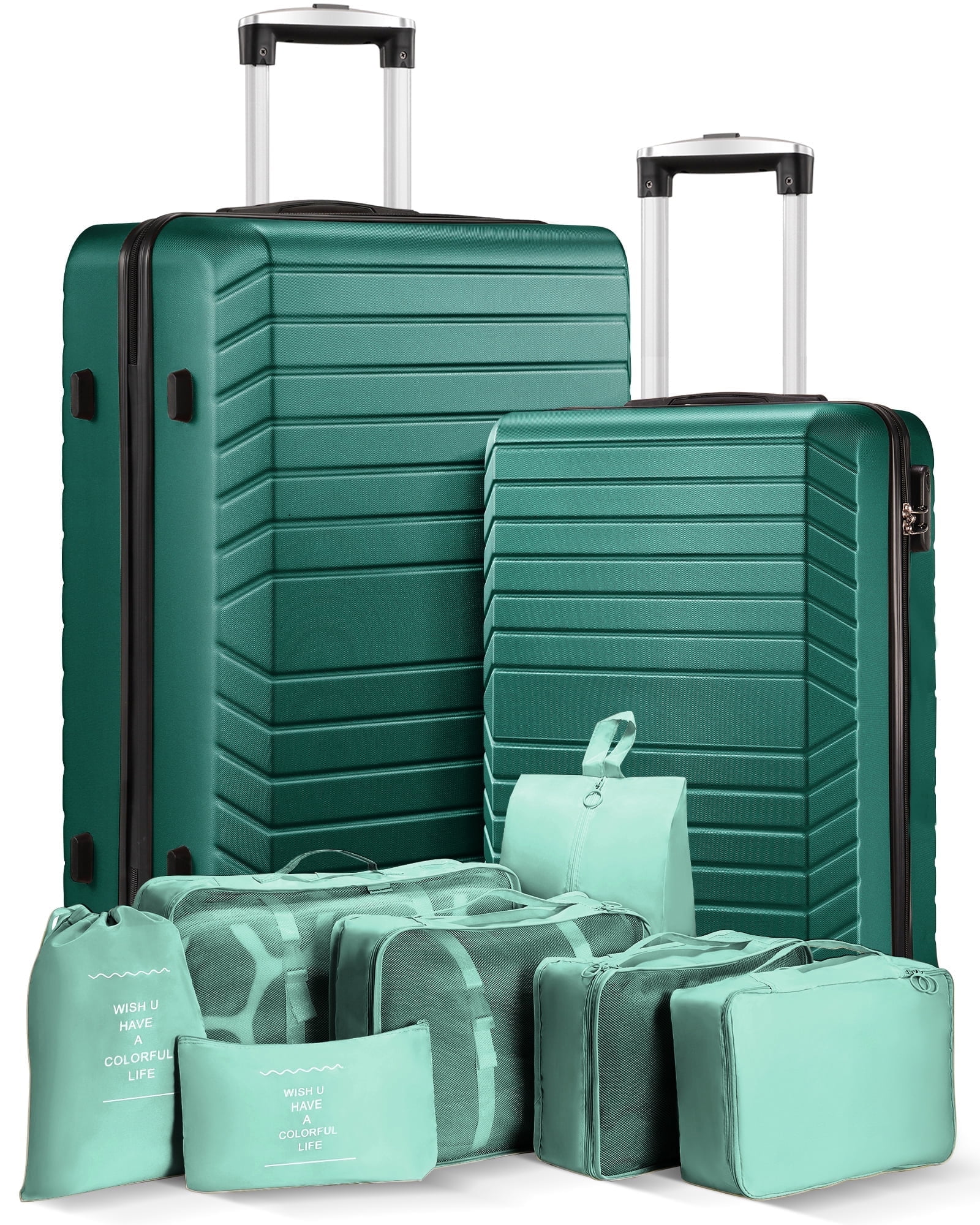 2 Piece Travel Luggage Sets (20"&28") Hardside Suitcase with 7PC Organizer Bags,Green