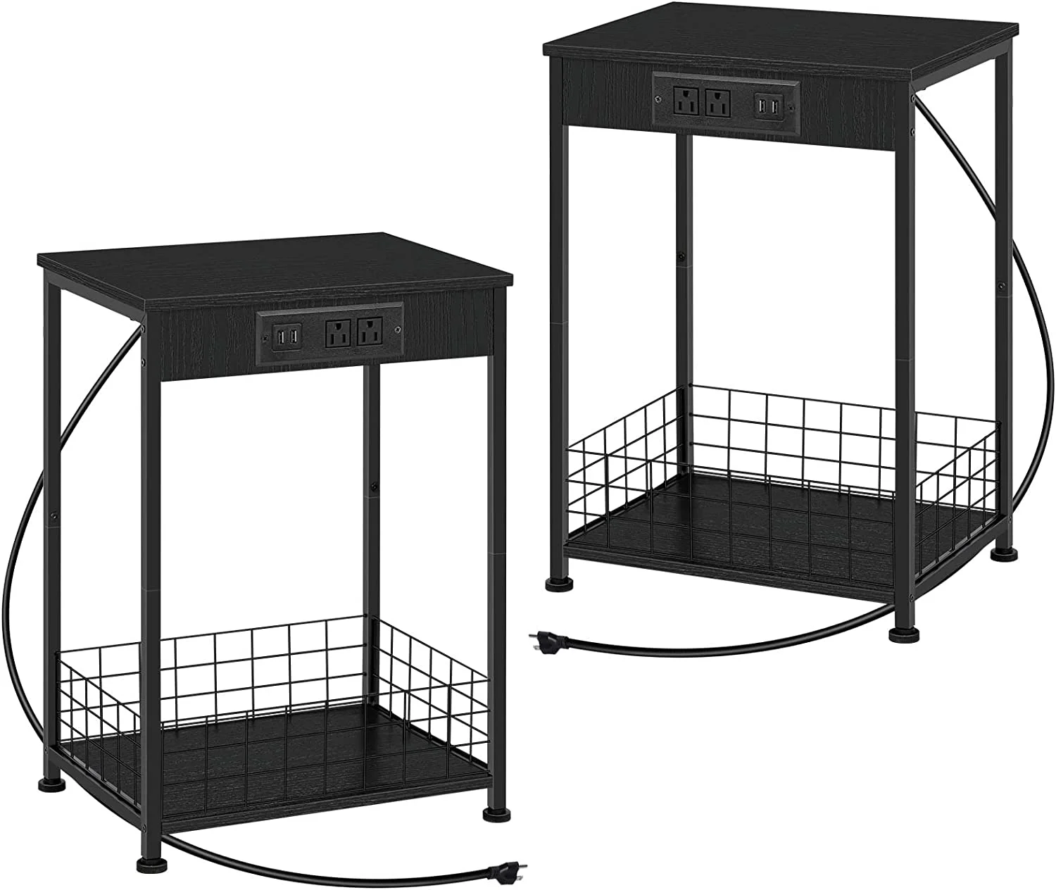 2 Tier Nightstands End Tables with Charging Station and Storage Basket Set of 2, Black