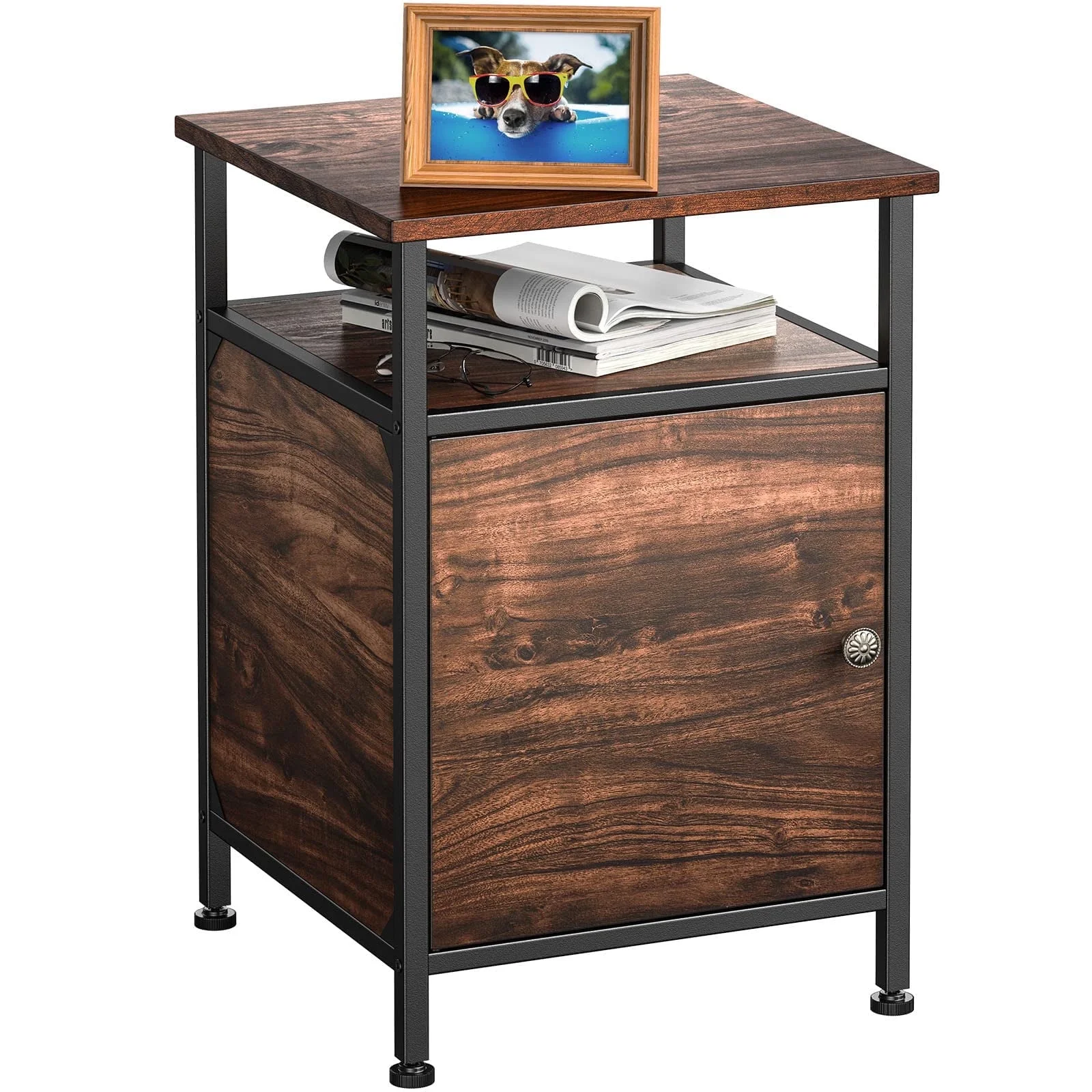 2-Tier Rustic Full Metal Frame Nightstand Table Bedside End Table with Drawer for Livingroom Bedroom