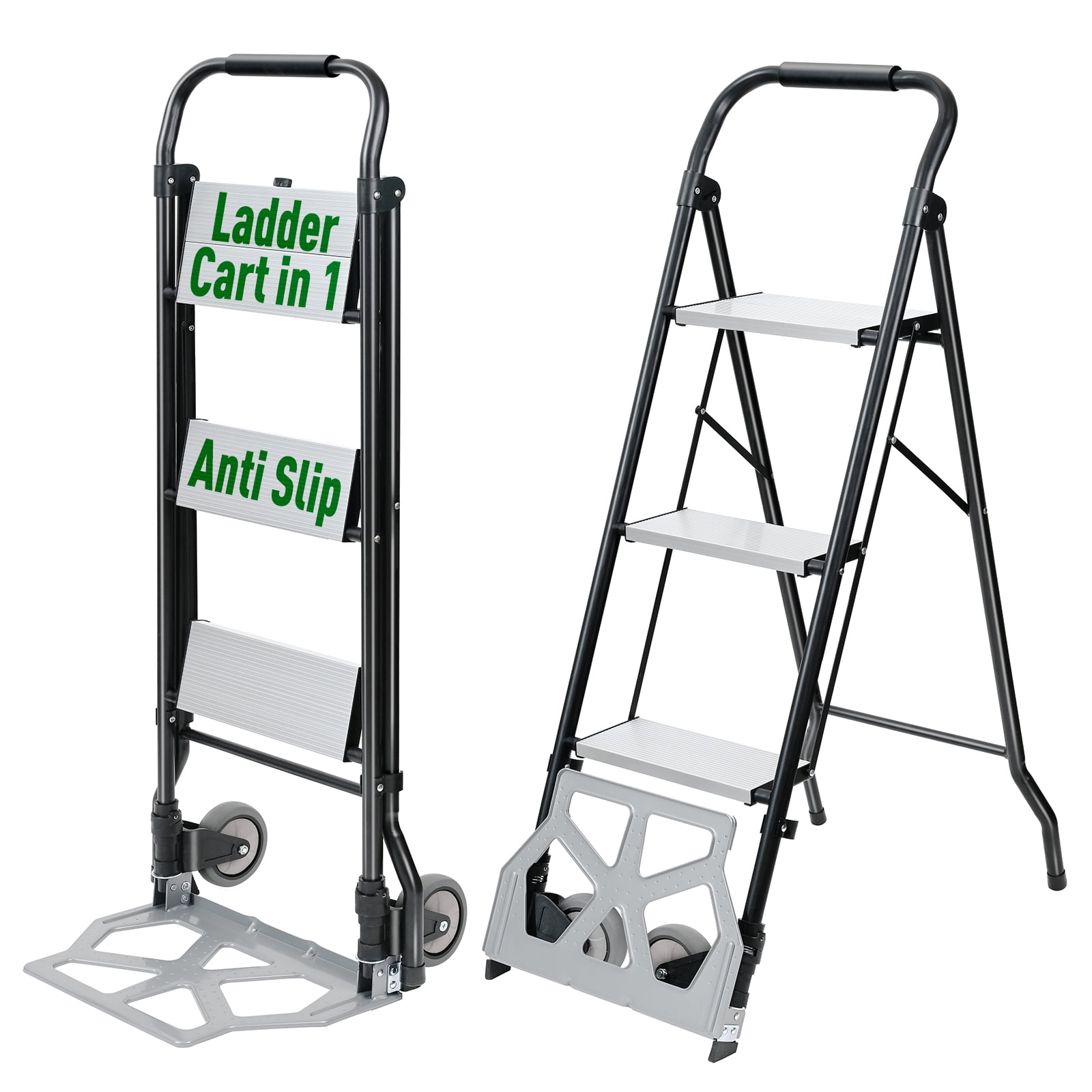 2 in 1 Step Ladder & Hand Truck,Aluminum 3 Step Stool,Folding Ladder with Anti-Slip Pedal,Heavy Duty Dolly Cart, Utility Platform Cart with Wheels