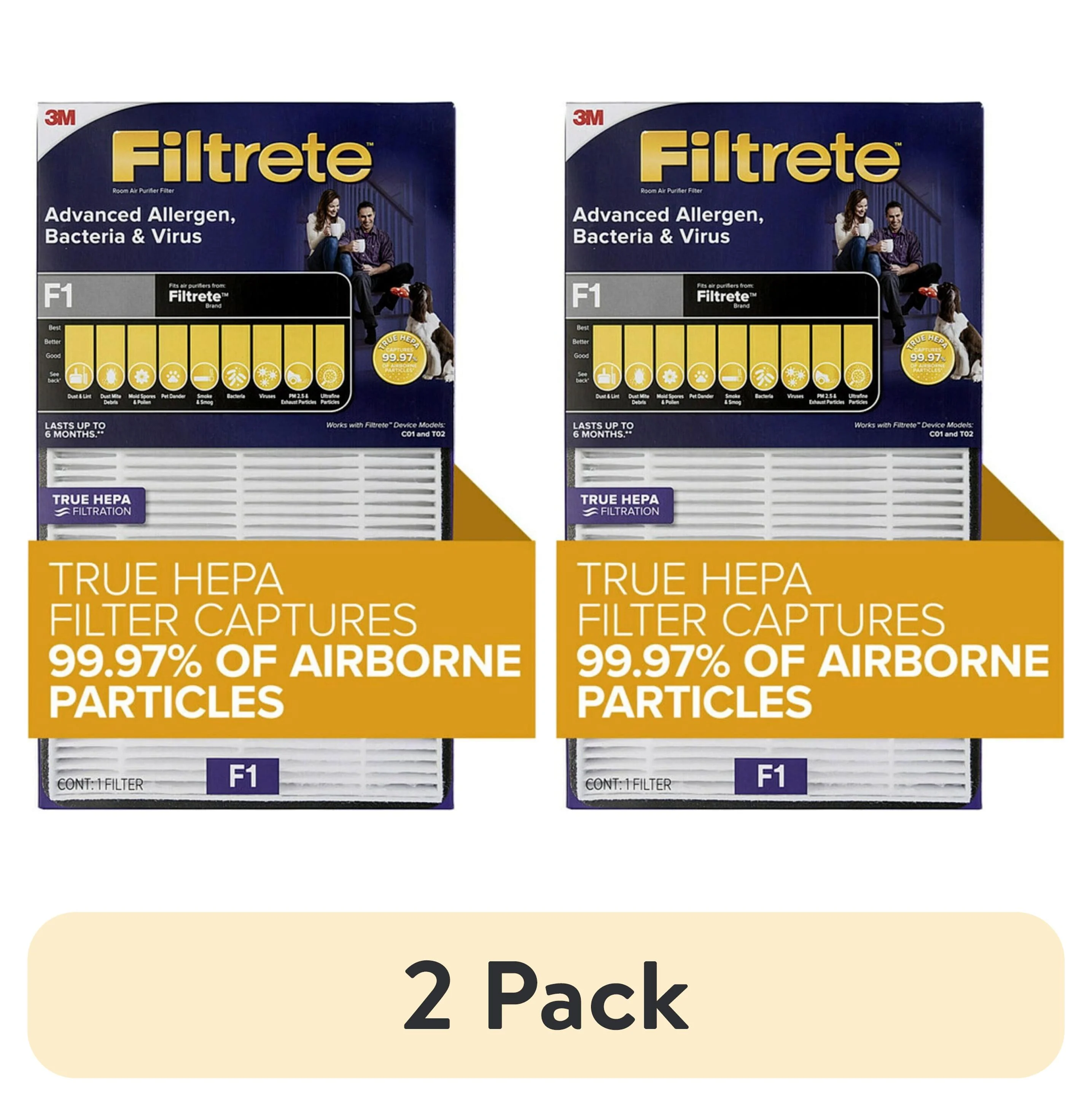 (2 pack) Filtrete Advanced Allergen, Bacteria & Virus True HEPA Room Air Purifier Filter, F1