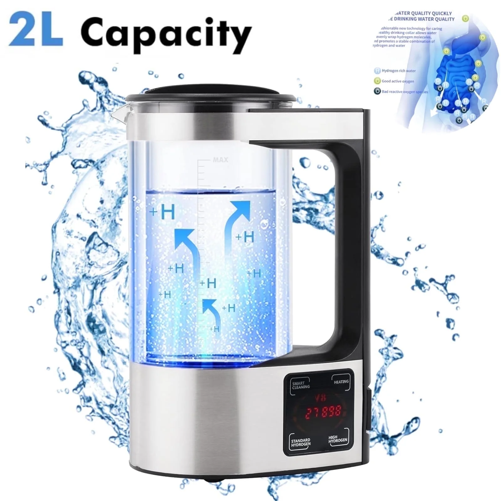 2L Large Capacity Hydrogen Water Pitcher Maker Machine, Hydrogen Water Bottle Generator with SPE and PEM Technology, Health Cup Glass Water Bottles with Alkaline Energy