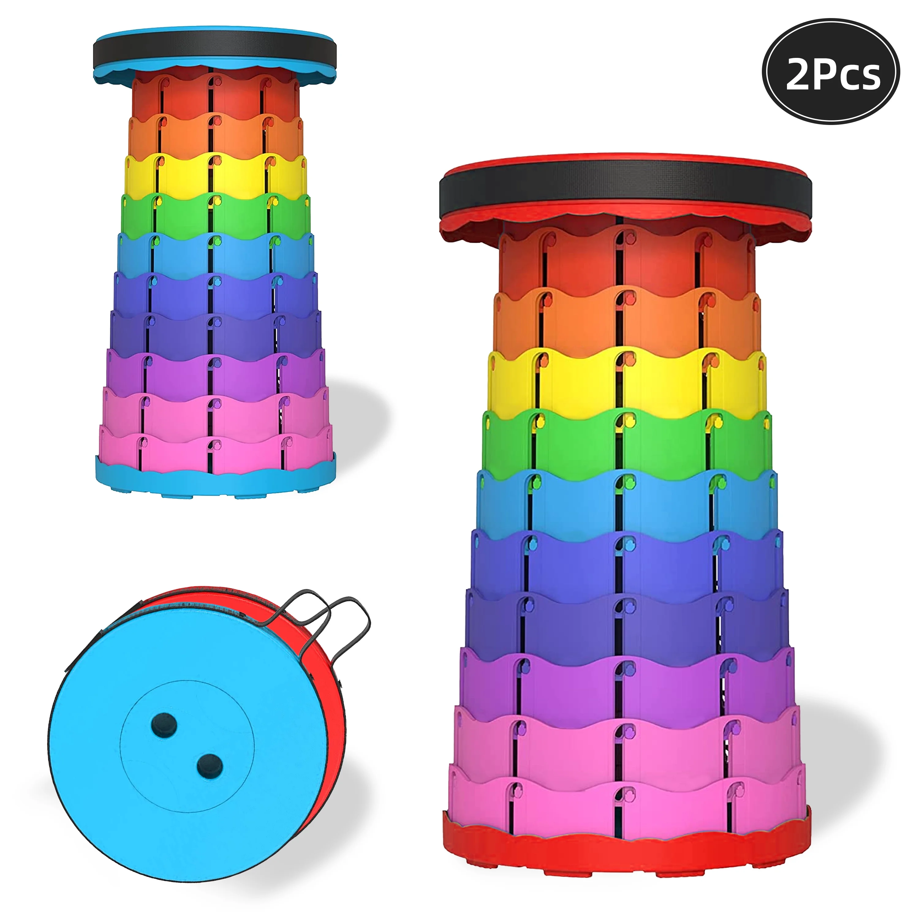 2Pcs Folding Camping Stool, Portable Collapsible Retractable Telescopic Folding Stools Height Adjustable (Rainbow)