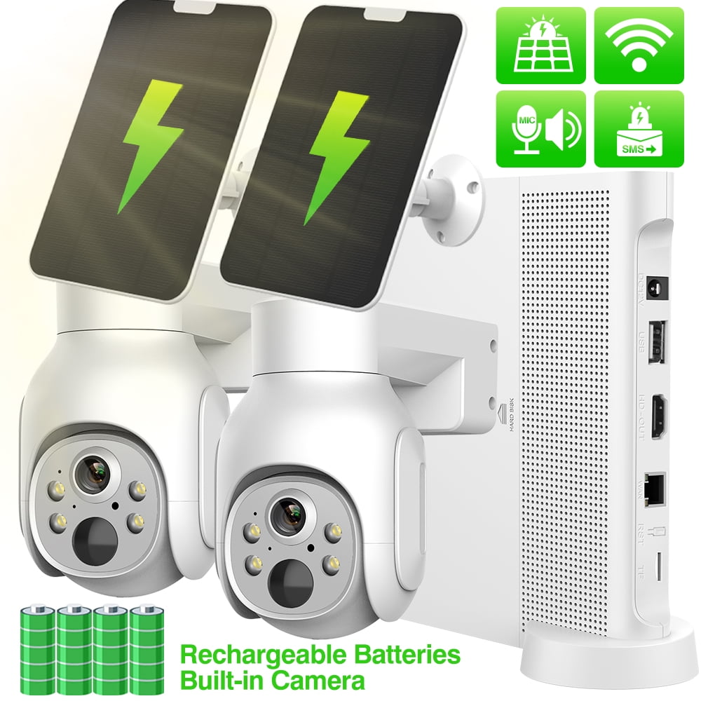 VIKVIZ WiFi PTZ IP Camera Kit HDD 4MP 10CH NVR System with Solar Panels, White, 2 Pack