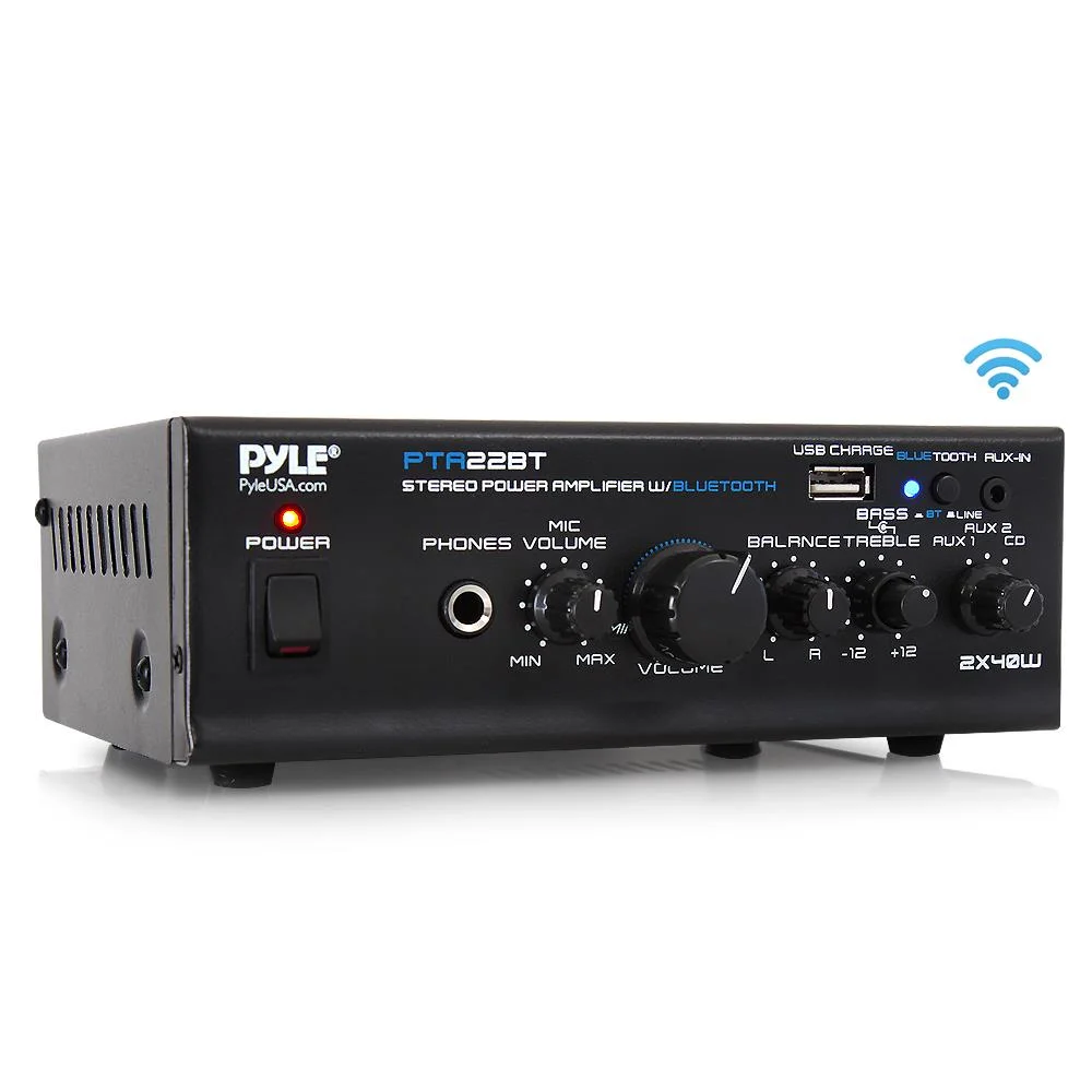 PYLE PTA22BT - Bluetooth Mini Blue Series Audio Amplifier - Compact Desktop Stereo Amplifier Receiver with USB Charge Port, Pager & Mixer Karaoke Mode, Mic Input (40 Watt x 2)