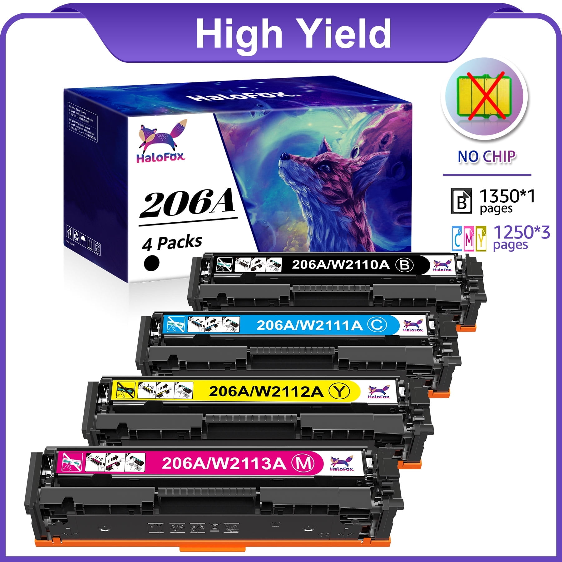 206A W2110A Toner Compatible for HP 206A W2110A Toner Cartridge for Color Pro MFP M283fdw M283cdw M255dw Printer,Black Cyan Magenta Yellow,4 Pack(No Chip)
