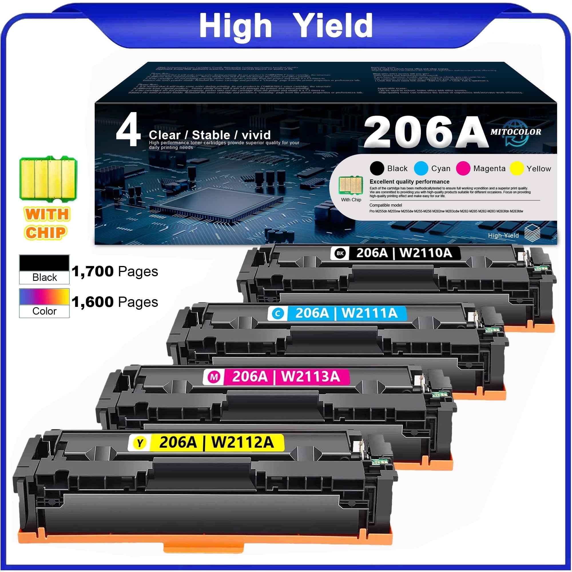 206A | W2110A 4 Pack-1BK+1C+1M+1Y Toner Cartridges (with Chip) Compatible for HP Pro M255dw M283cdw MFP Printers