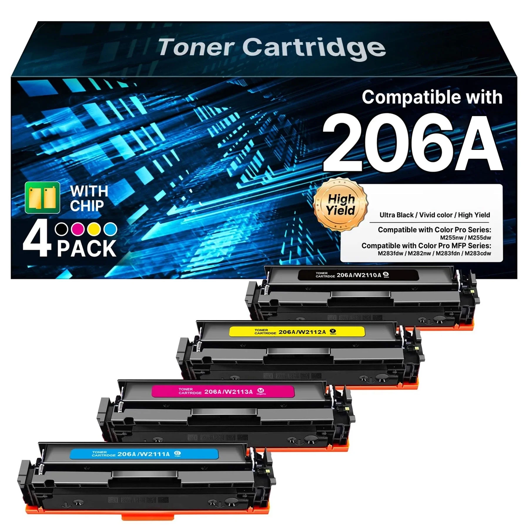 206A Toner Cartridge(With Chip)Compatible for HP 206A W2110A 206X W2110X for HP Color Pro MFP M283FDW M255DW M283CDW M283 M255 Printer Ink (Black Cyan Yellow Magenta, 4-Pack)