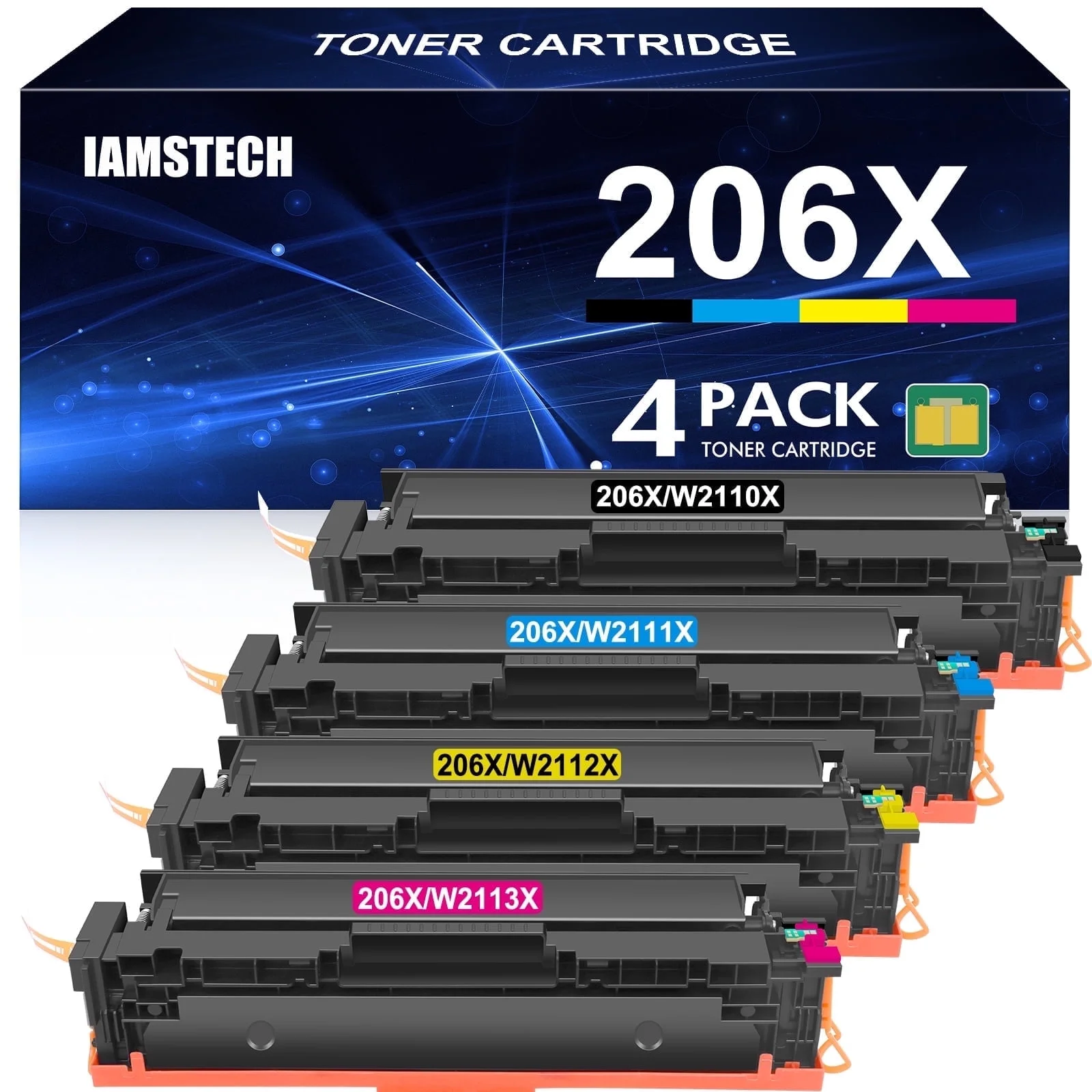 206X 206A Toner Cartridge 4-Pack with Chip High Yield Compatible for HP 206X W2110X 206 W2110A Color Pro MFP M283fdw M255dw M283cdw M282nw M283 M255 Printer Toner (Black Cyan Magenta Yellow)