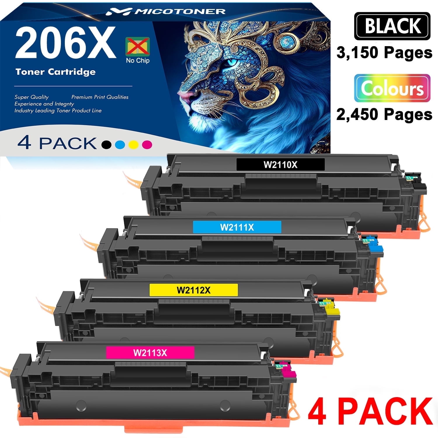 NO Chip! 206X 206A 4-Pack Toner Cartridge Compatible for HP 206 206X 206A W2110A W2110X Color Laserjet Pro MFP M283fdw M255dw M283cdw M283 M255 Printer Ink (Black Cyan Yellow Magenta)